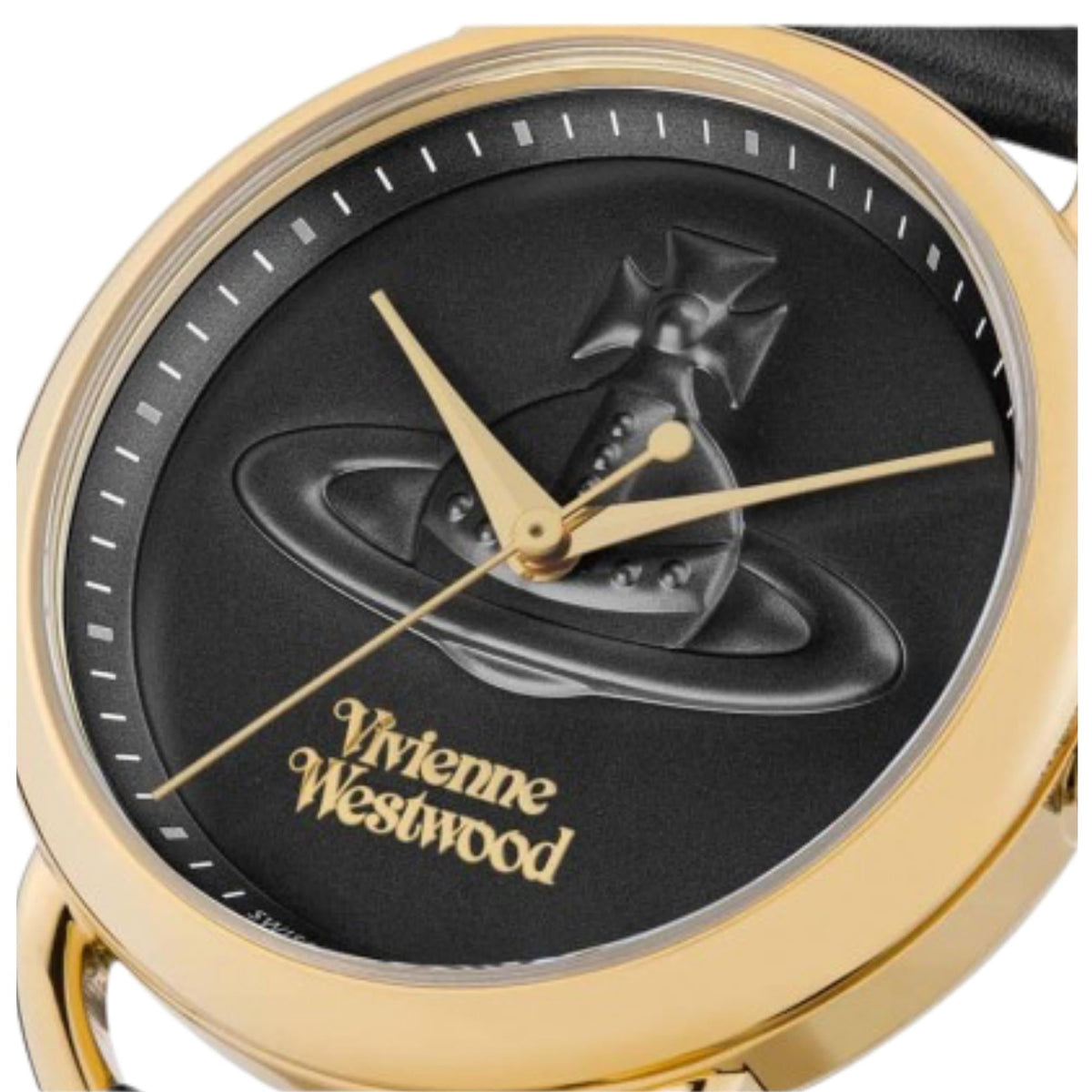Close-up of Vivienne Westwood Carnaby dial with orb logo and gold hands