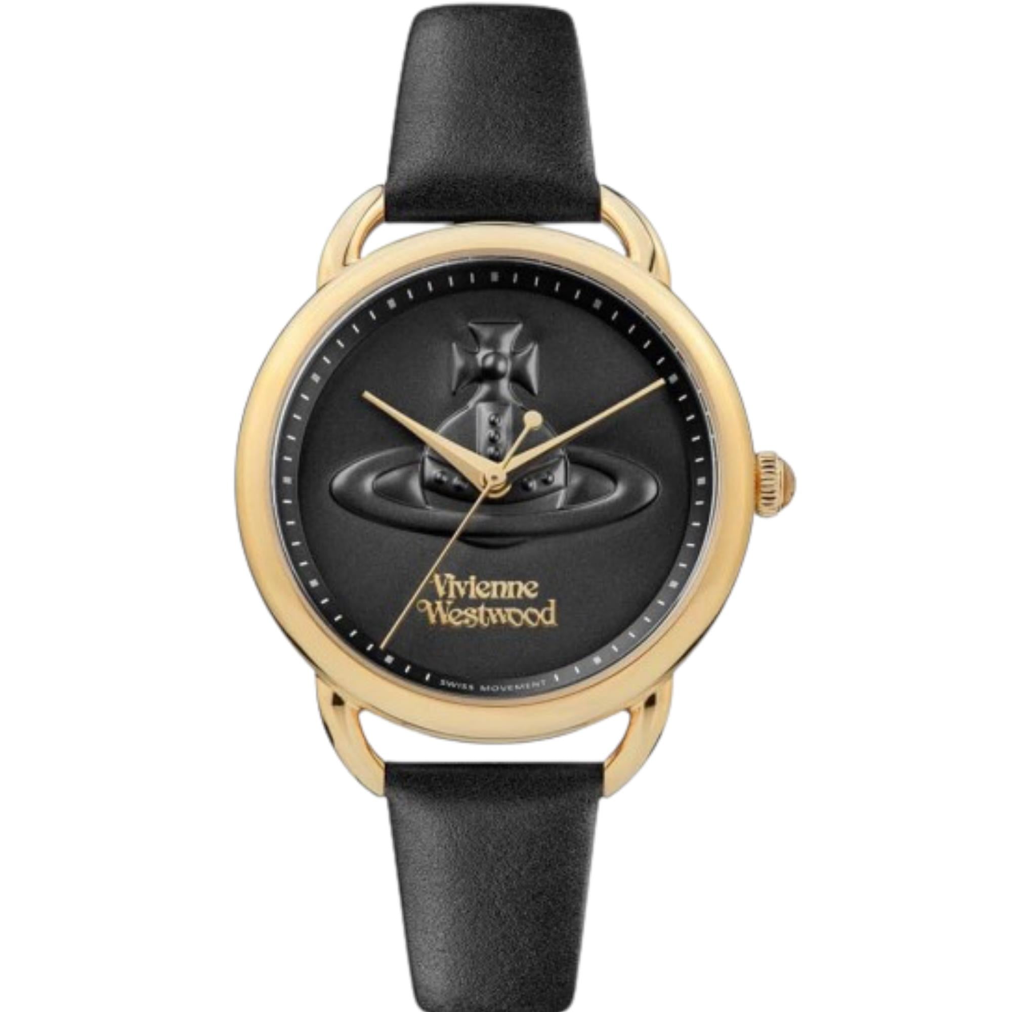 Vivienne Westwood Carnaby Quartz with Black Dial & Black Leather Strap Womens Watch - VV163GDBLK