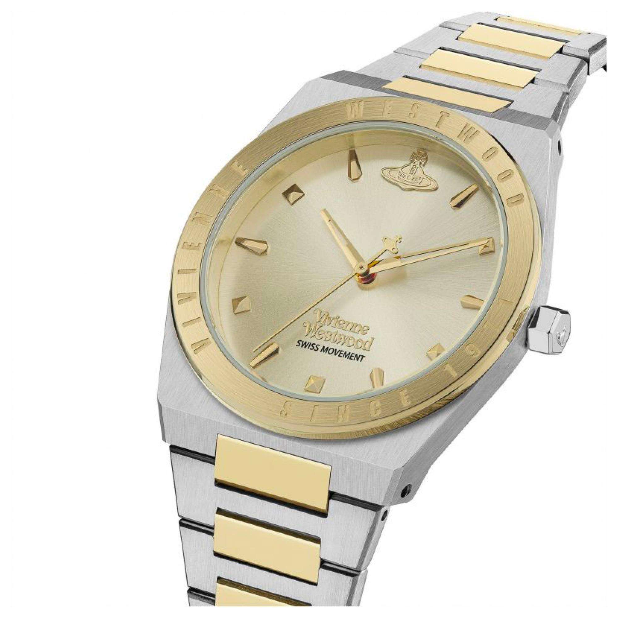 Vivienne Westwood Charterhouse watch angled view showing gold-tone case and two-tone bracelet