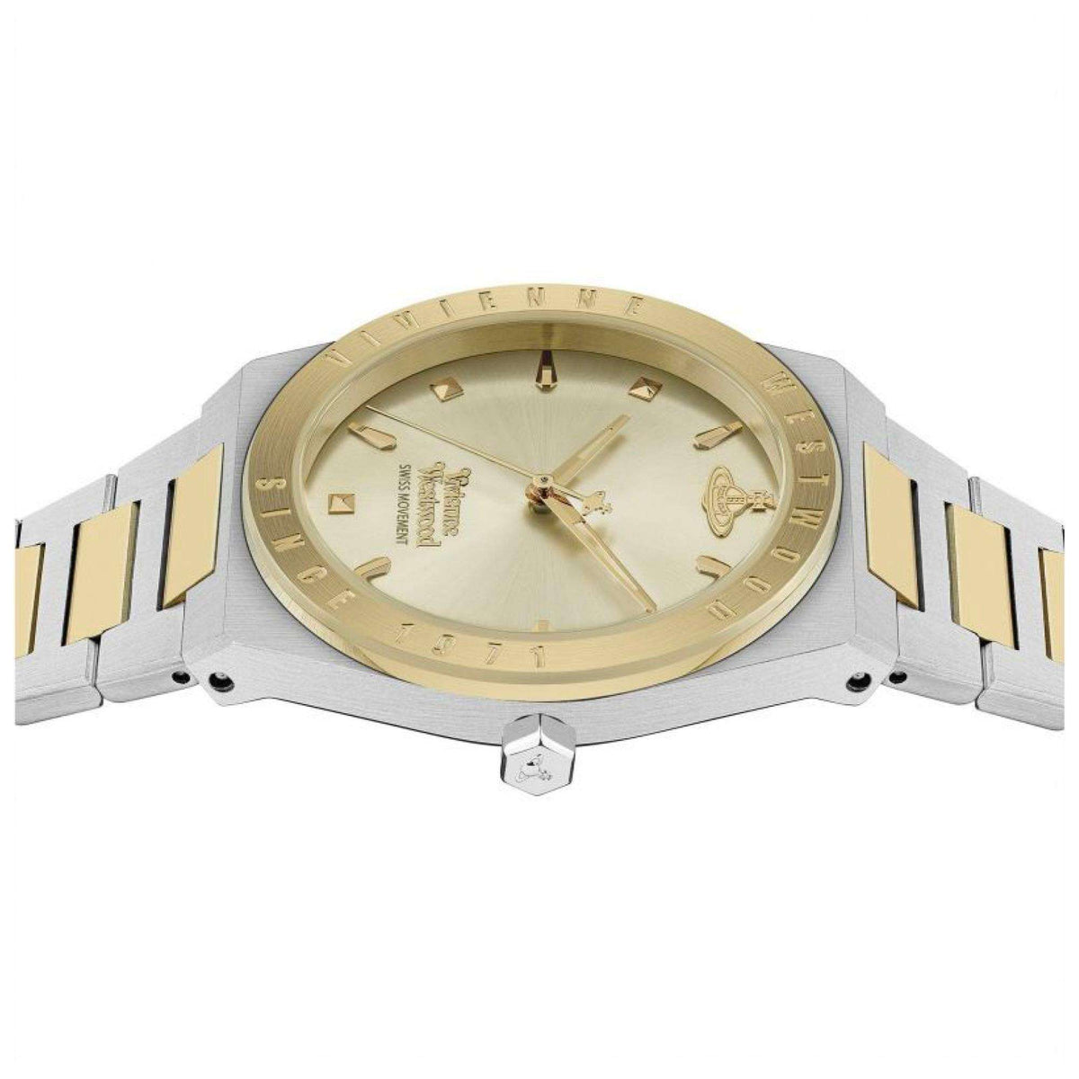 Vivienne Westwood Charterhouse watch displayed on wrist showing two-tone design