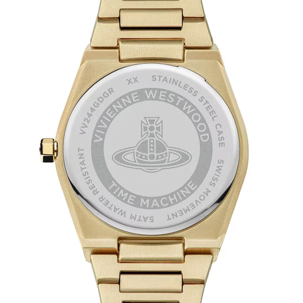 Vivienne Westwood Charterhouse gold watch case back showing brand logo and Time Machine engraving