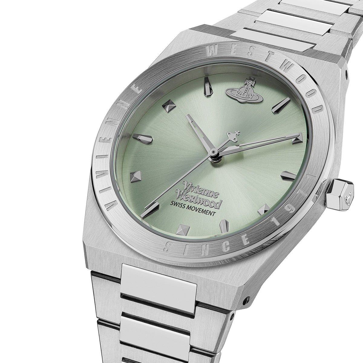 Vivienne Westwood Charterhouse watch angled view showing green dial with steel bracelet
