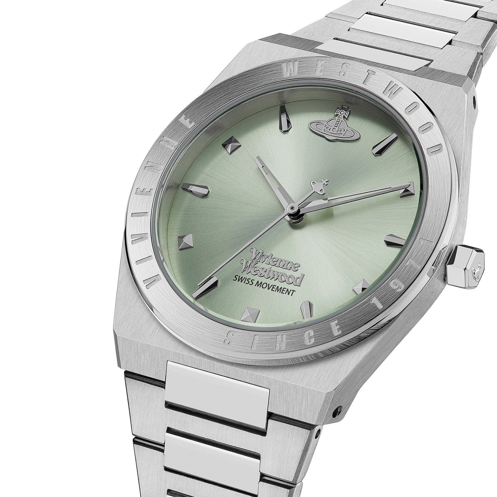 Vivienne Westwood Charterhouse watch angled view showing green dial with steel bracelet