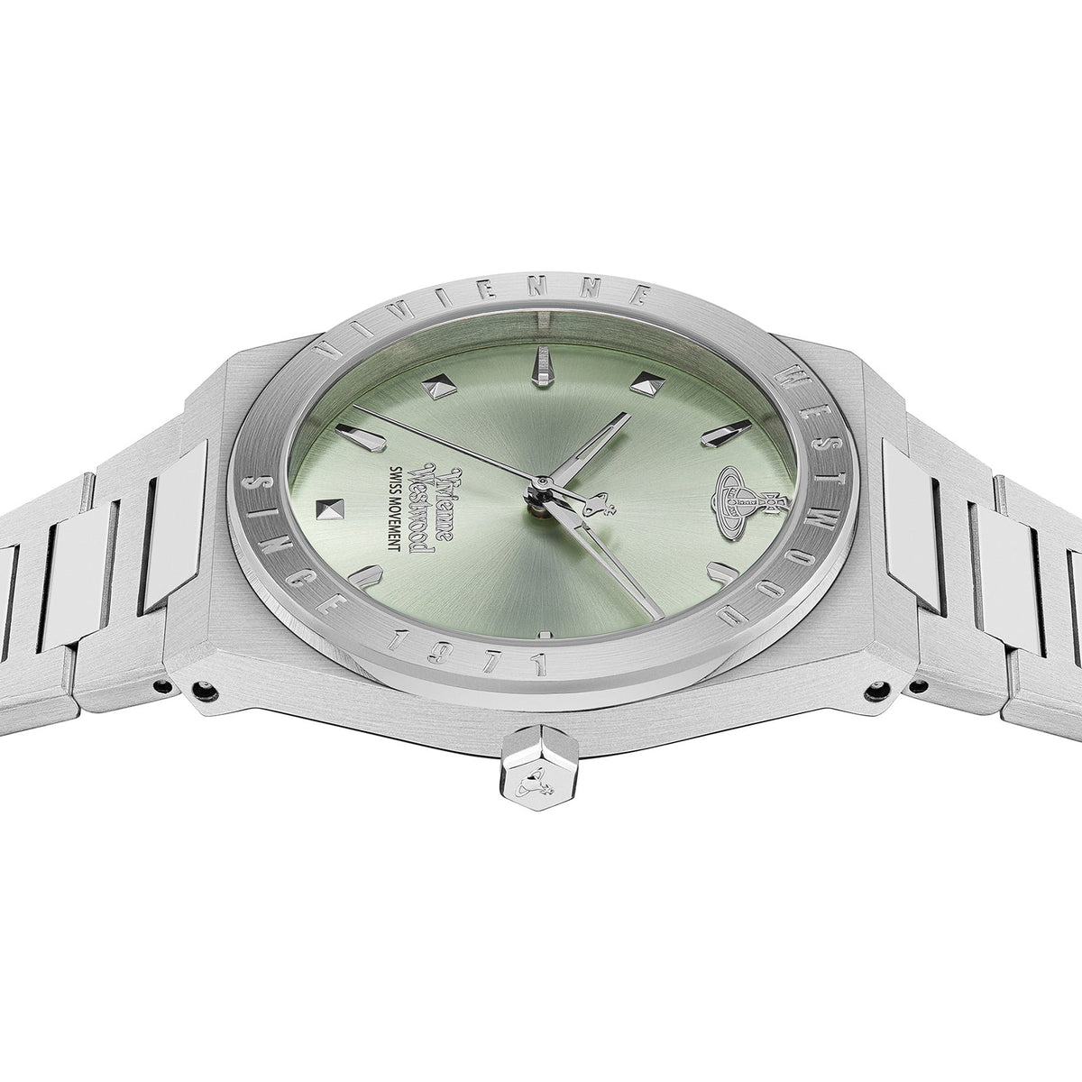 Vivienne Westwood Charterhouse watch side view showing steel bracelet and case profile