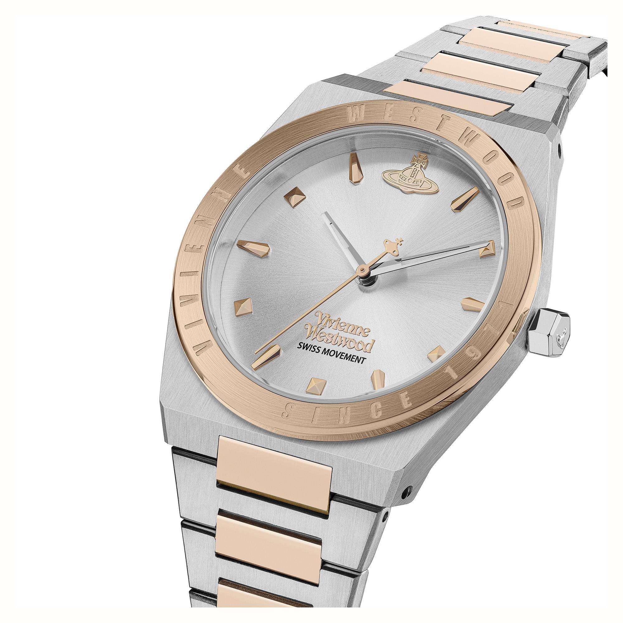Vivienne Westwood Charterhouse ladies watch at angle showing two-tone stainless steel bracelet