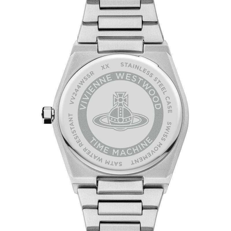 Caseback showing Vivienne Westwood branding, Time Machine logo, stainless steel and specifications