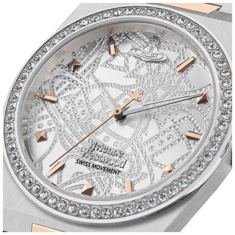 Close-up of dial showing textured surface, rose gold indices, and Vivienne Westwood branding with Swiss movement