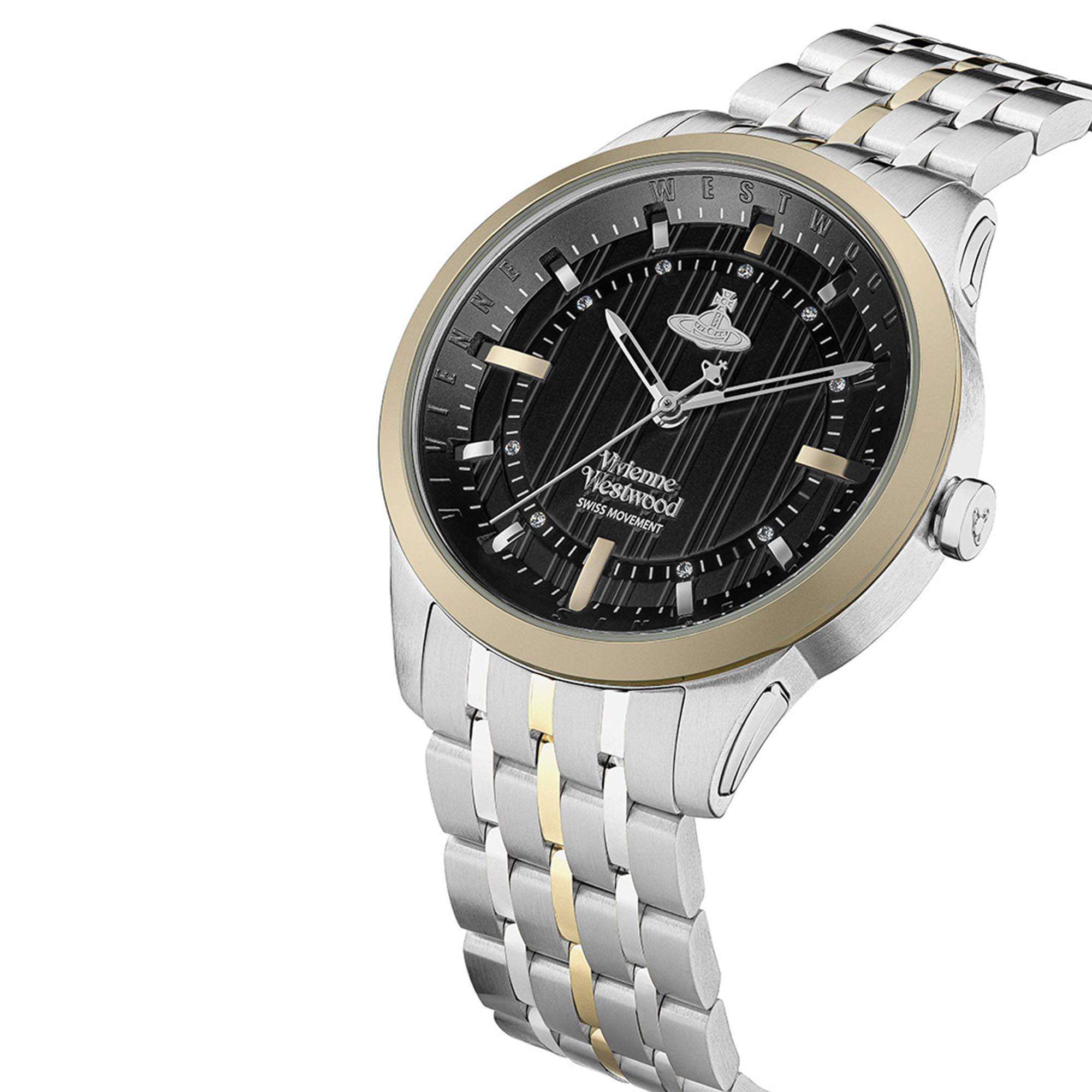 Side angle view of Vivienne Westwood East End ladies watch with two-tone bracelet