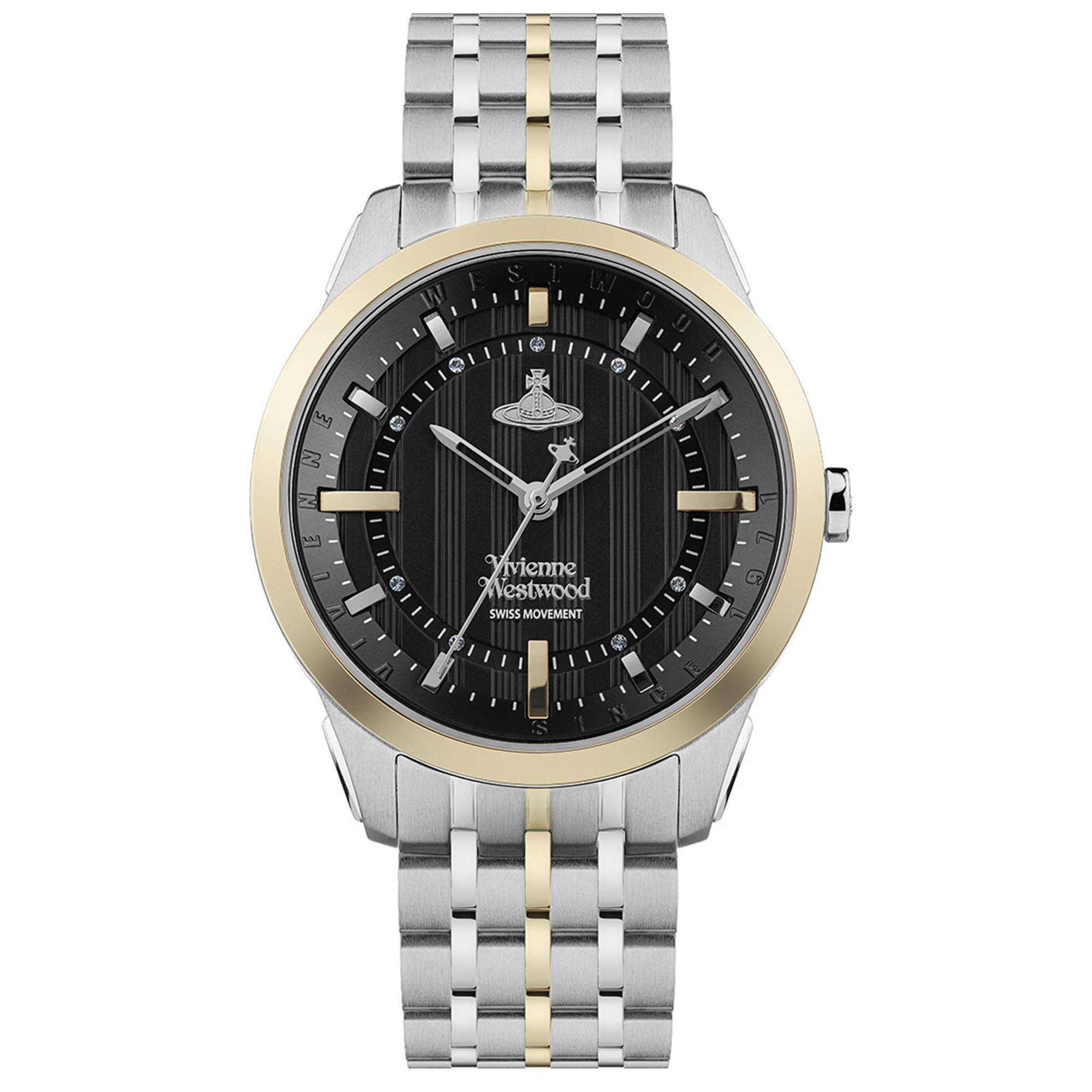 Vivienne Westwood East End two-tone gold plated watch with black dial and silver-gold bracelet