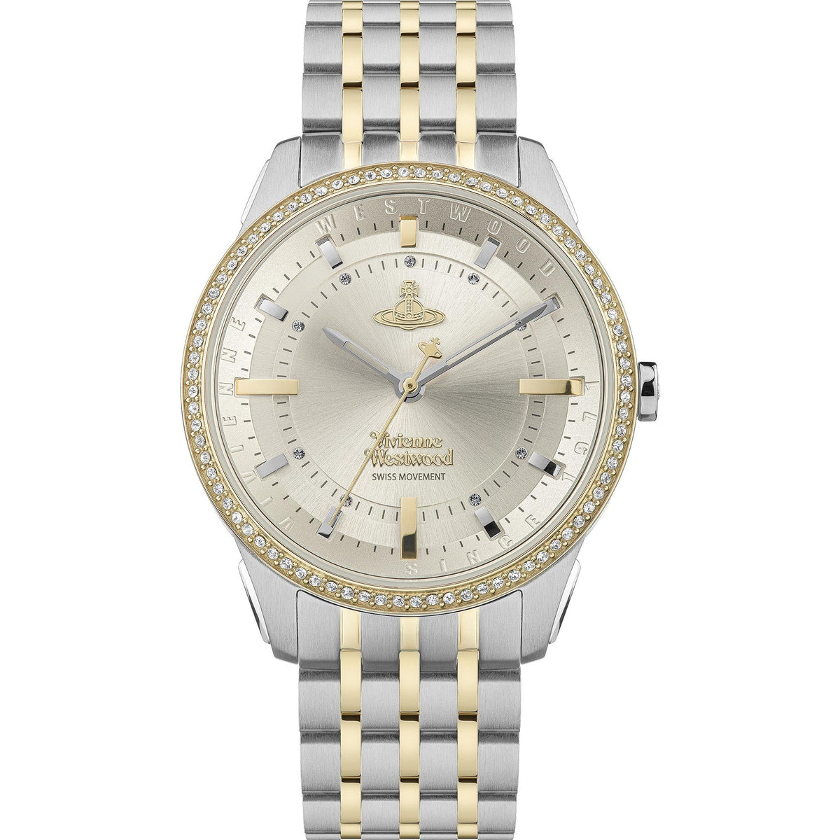 Vivienne Westwood East End ladies watch with champagne dial, gold-tone hour markers and crystal-set bezel on two-tone bracelet
