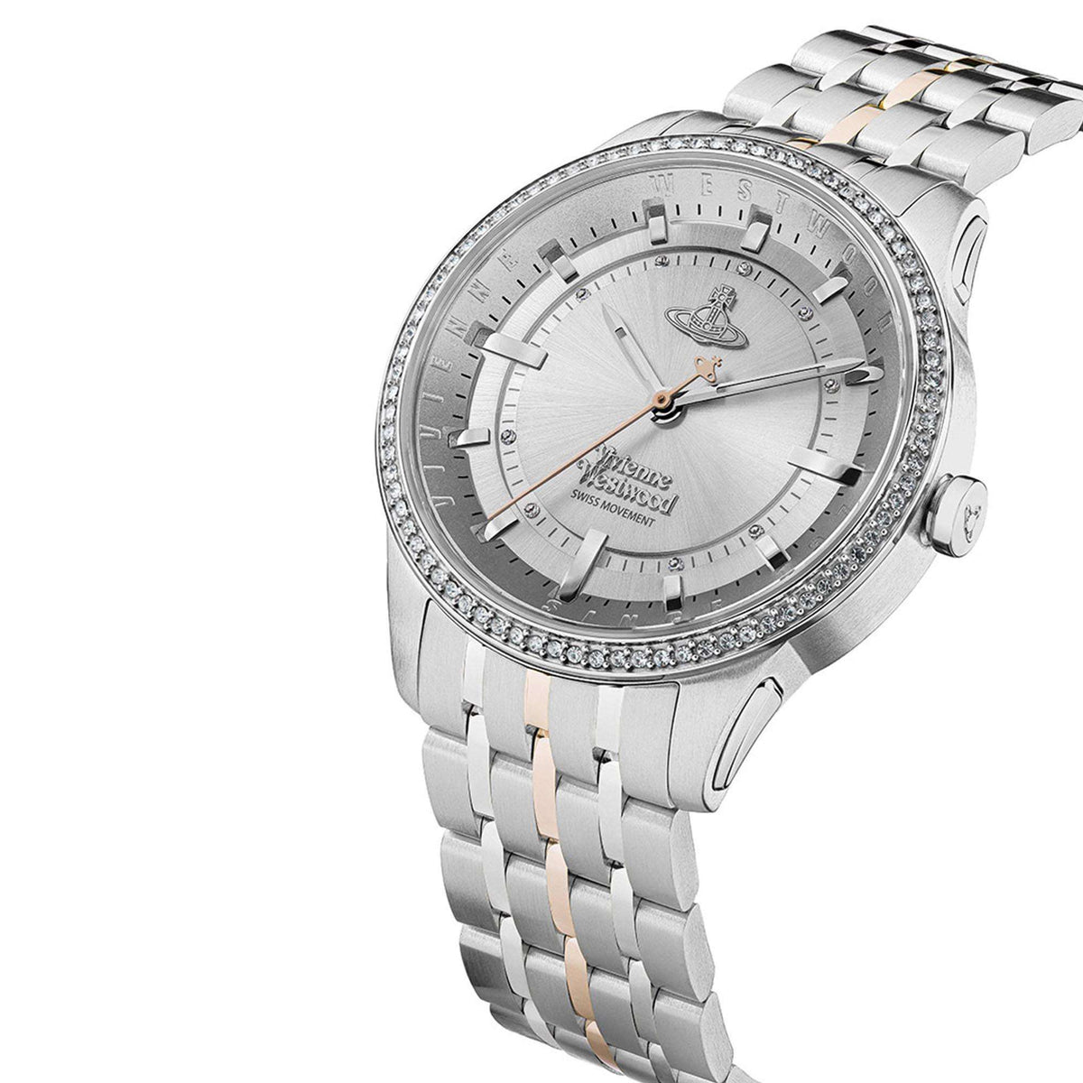 Angled side view of Vivienne Westwood East End watch displaying crystal bezel and two-tone bracelet