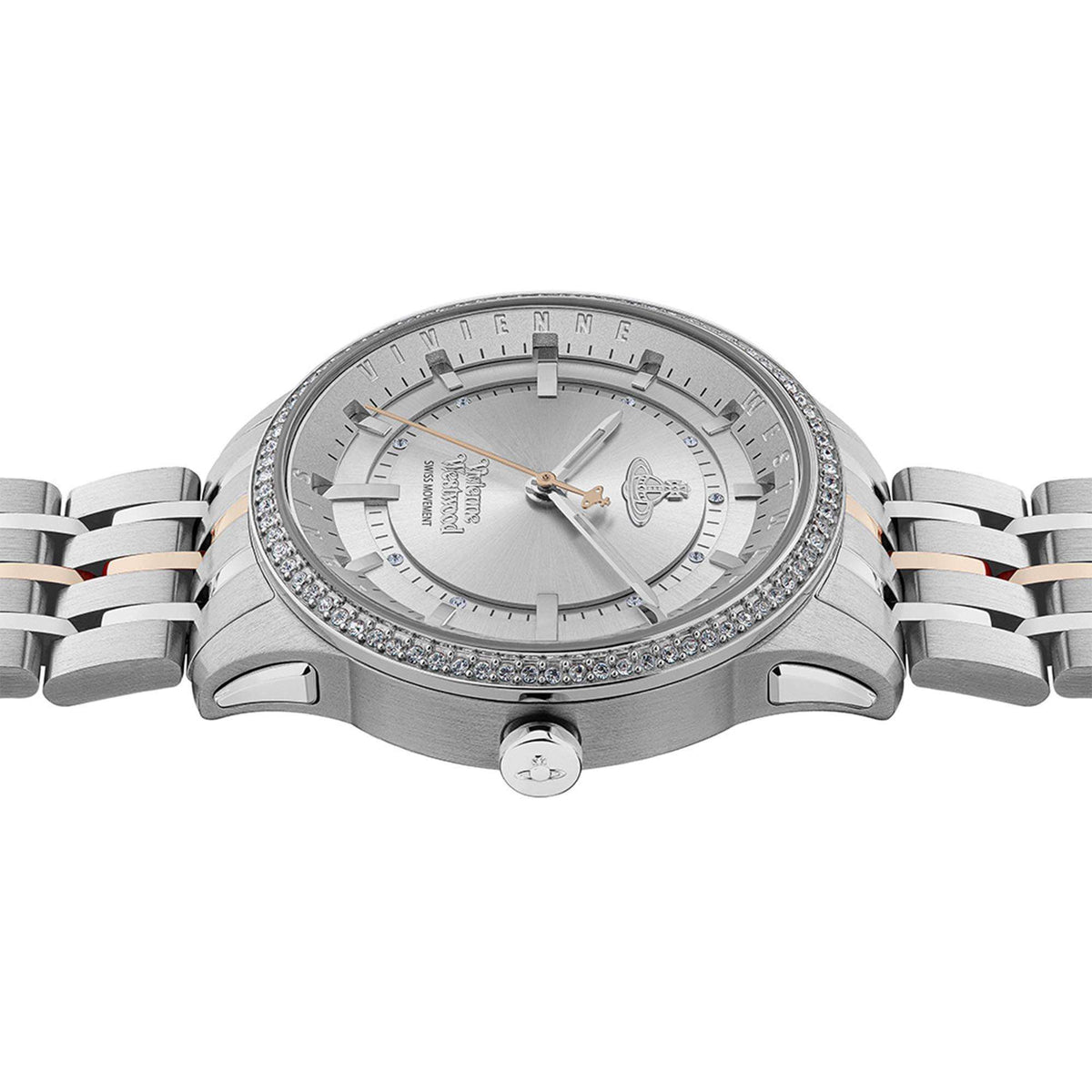 Top-down view of Vivienne Westwood East End watch showing crystal bezel and silver dial