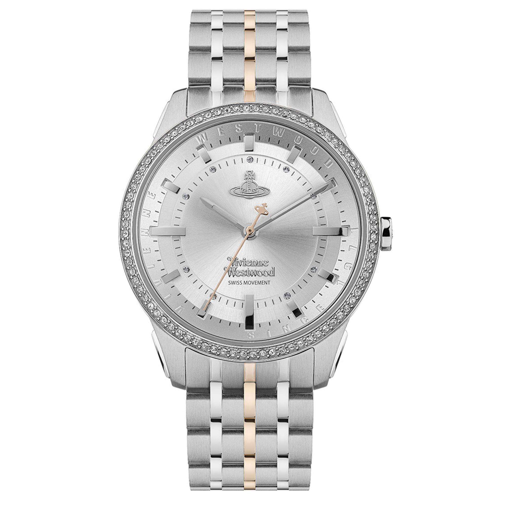 Vivienne Westwood East End women's watch with crystal-embellished bezel and two-tone stainless steel bracelet