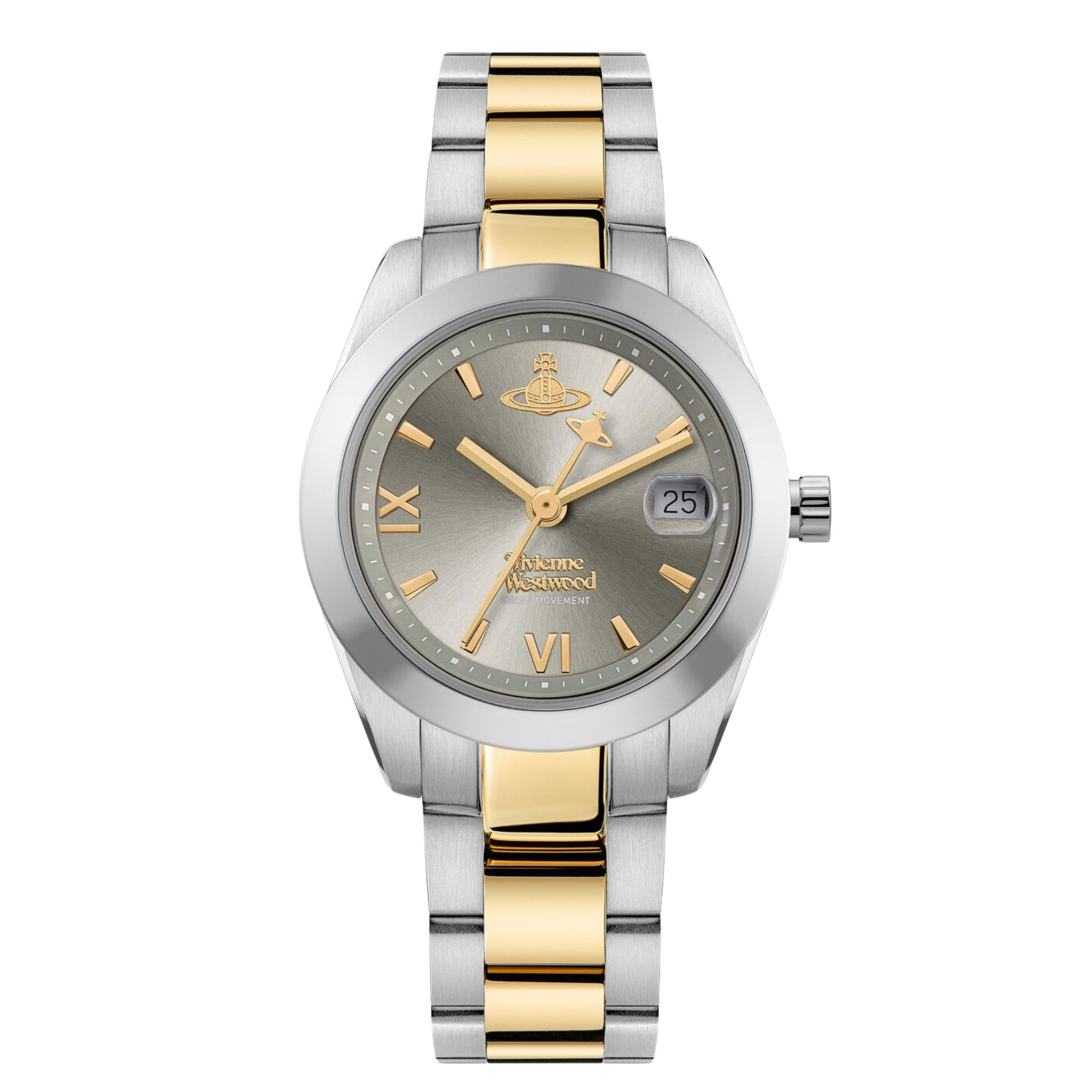 Vivienne Westwood Fenchurch 28mm ladies watch with stainless steel and yellow gold two-tone bracelet, grey dial with gold accents
