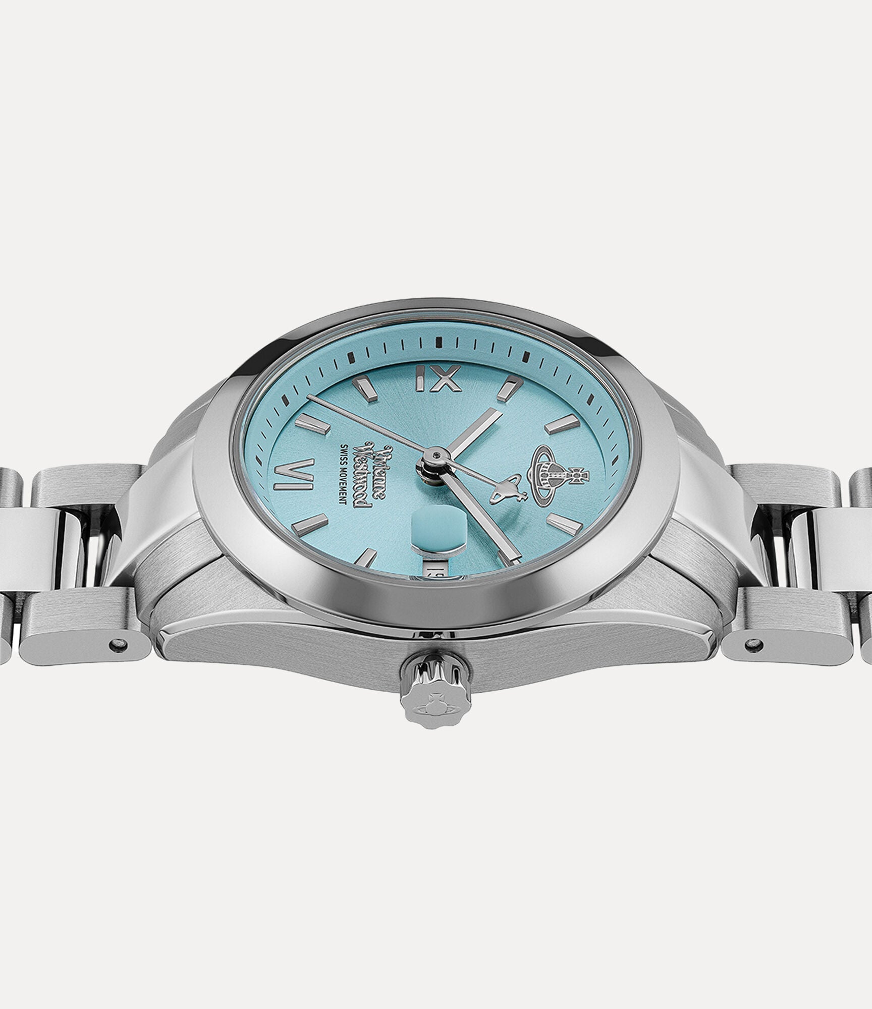 Vivienne Westwood Fenchurch ladies watch angled view showing silver case, turquoise dial and stainless steel strap