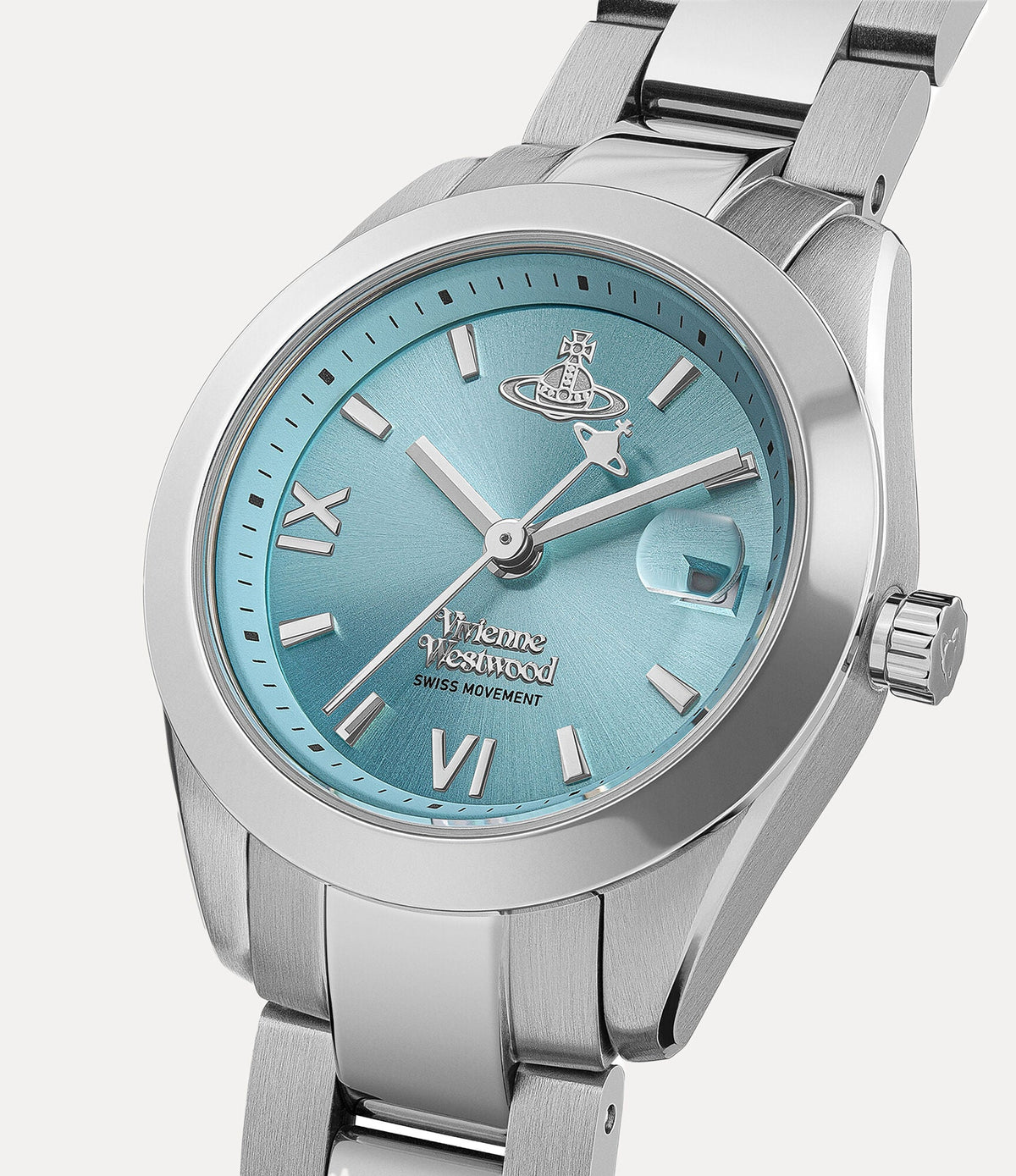 Vivienne Westwood Fenchurch dial detail showing turquoise face, Roman numerals, date window and Orb logo