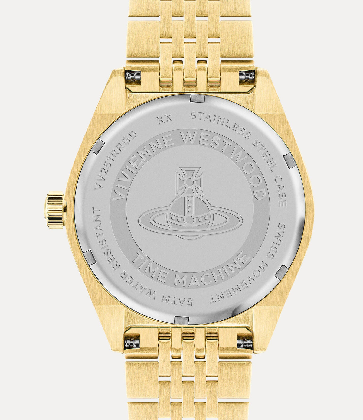 Vivienne Westwood Lady Sydenham caseback showing stainless steel and Time Machine engraving