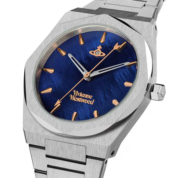 Angled view of Vivienne Westwood Limehouse watch with blue dial and rose gold indices