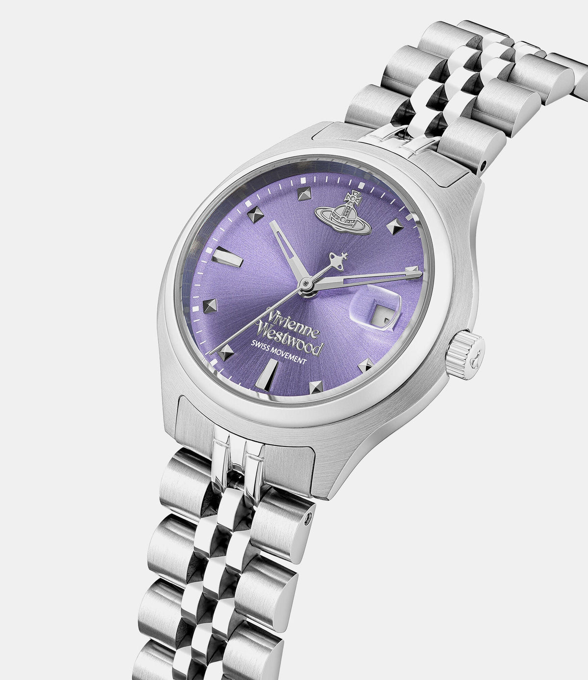 Vivienne Westwood Little Camberwell watch at angle showing purple dial and stainless steel bracelet