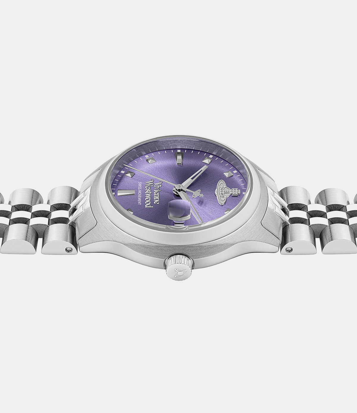 Side view of Vivienne Westwood Little Camberwell watch showing case profile and bracelet