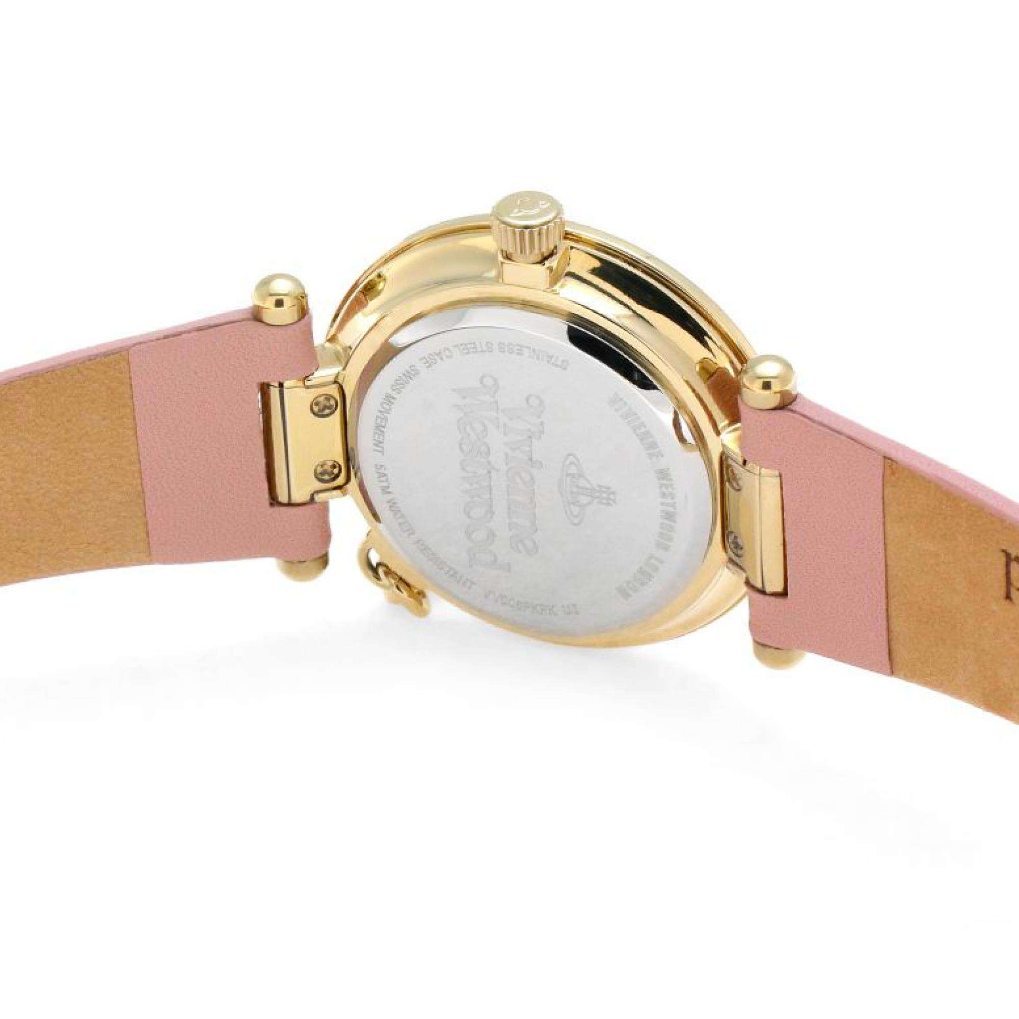 Caseback view of Vivienne Westwood Orb II watch showing gold PVD case with engraved details and pink leather strap ends
