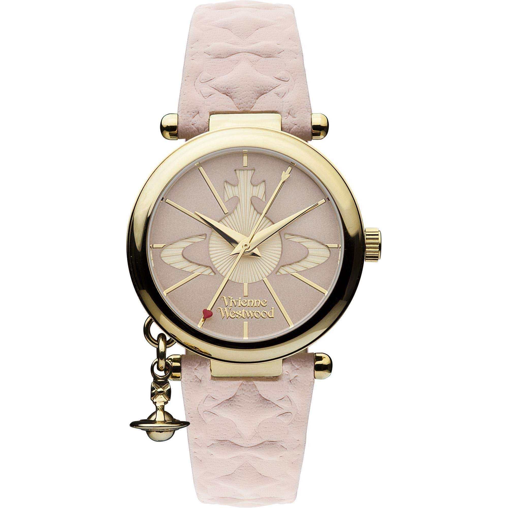 Vivienne Westwood Orb II quartz watch with pink leather strap and gold PVD case, featuring iconic orb dial with orb charm