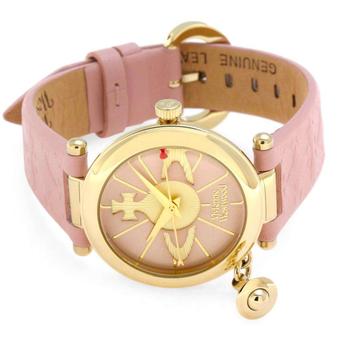 Side view of Vivienne Westwood Orb II watch with quilted pink leather strap and gold PVD case lugs