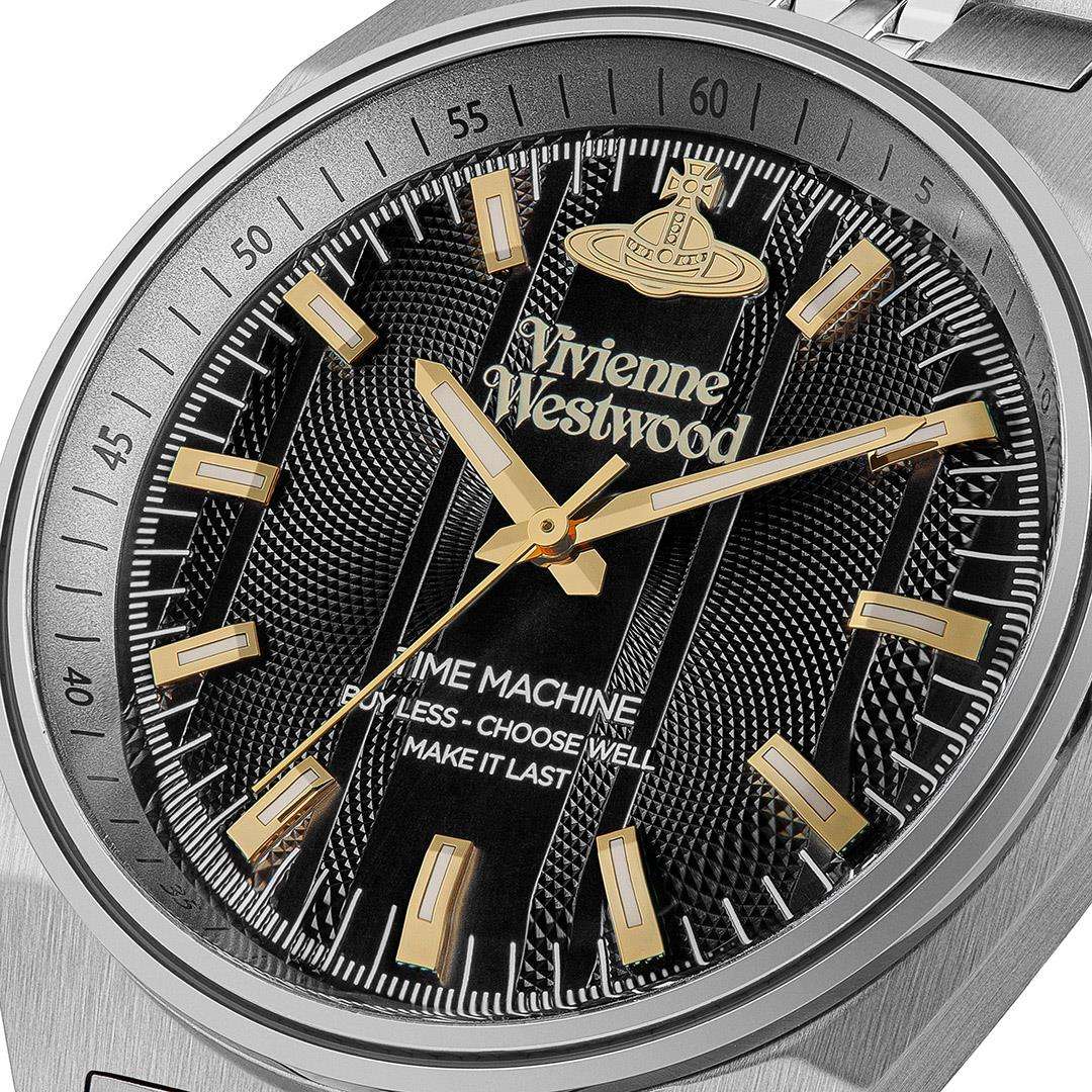 Close-up of black dial with gold hour markers, Vivienne Westwood branding, and Orb logo