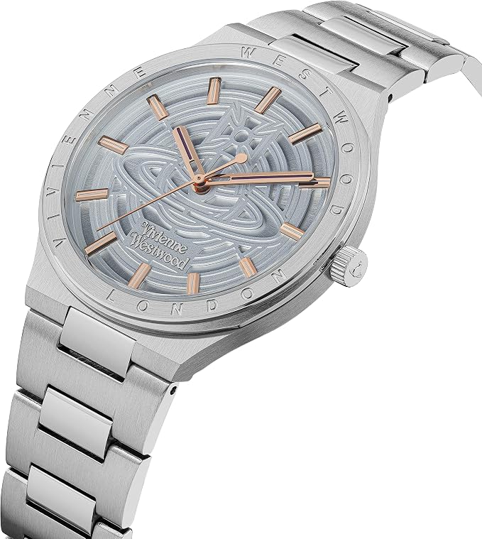 Angled view of Vivienne Westwood Orb Pop watch showing pale blue dial, stainless steel case, and bracelet
