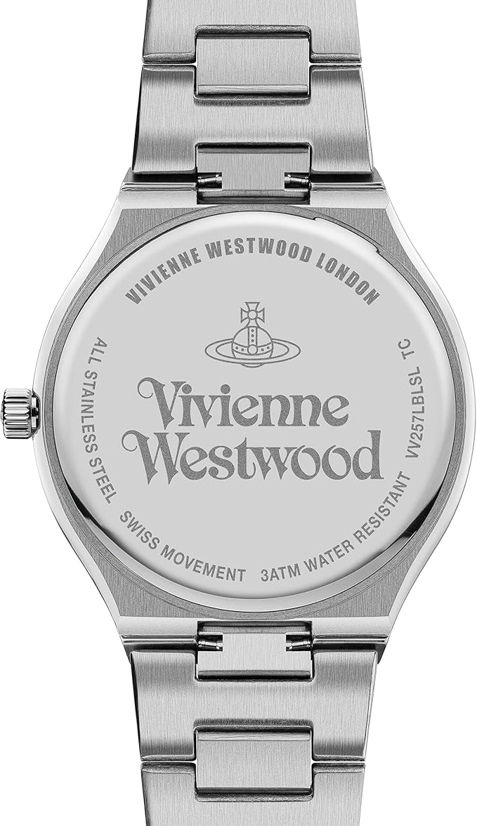 Caseback of Vivienne Westwood Orb Pop watch with engraved branding and water resistance specification