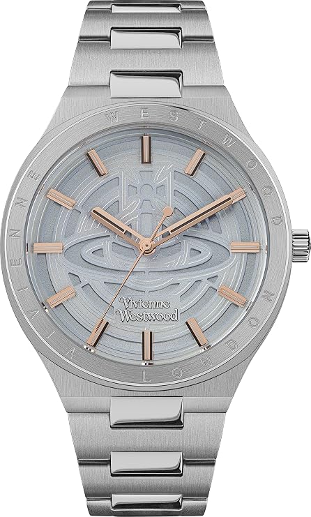 Vivienne Westwood Orb Pop women's watch with pale blue dial, stainless steel bracelet, and rose gold hands