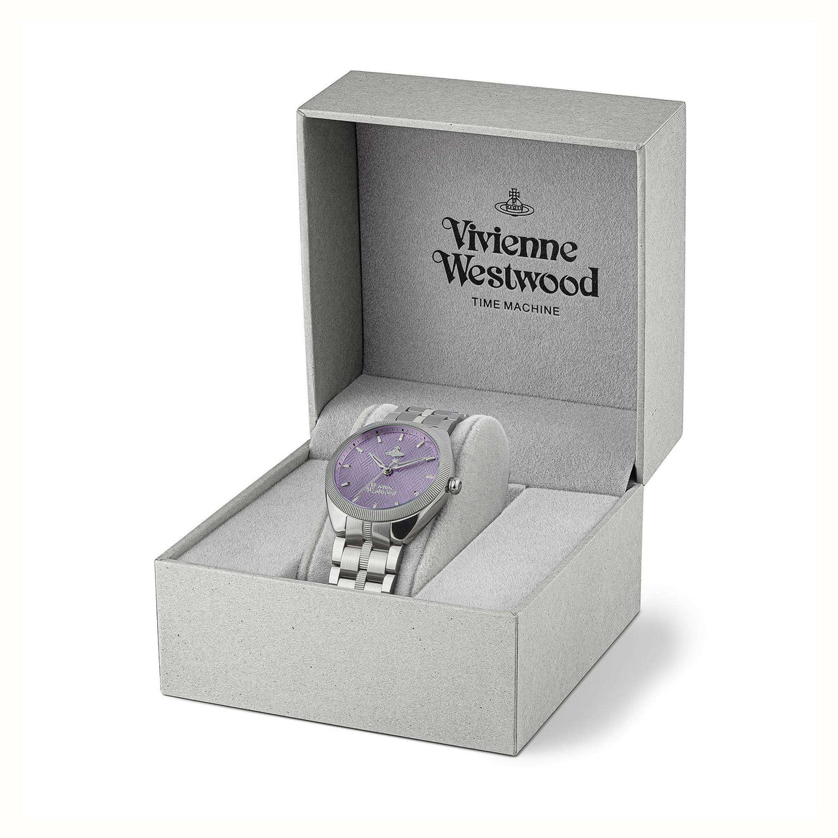 Vivienne Westwood Orb Pop watch in gray branded box with purple dial watch visible