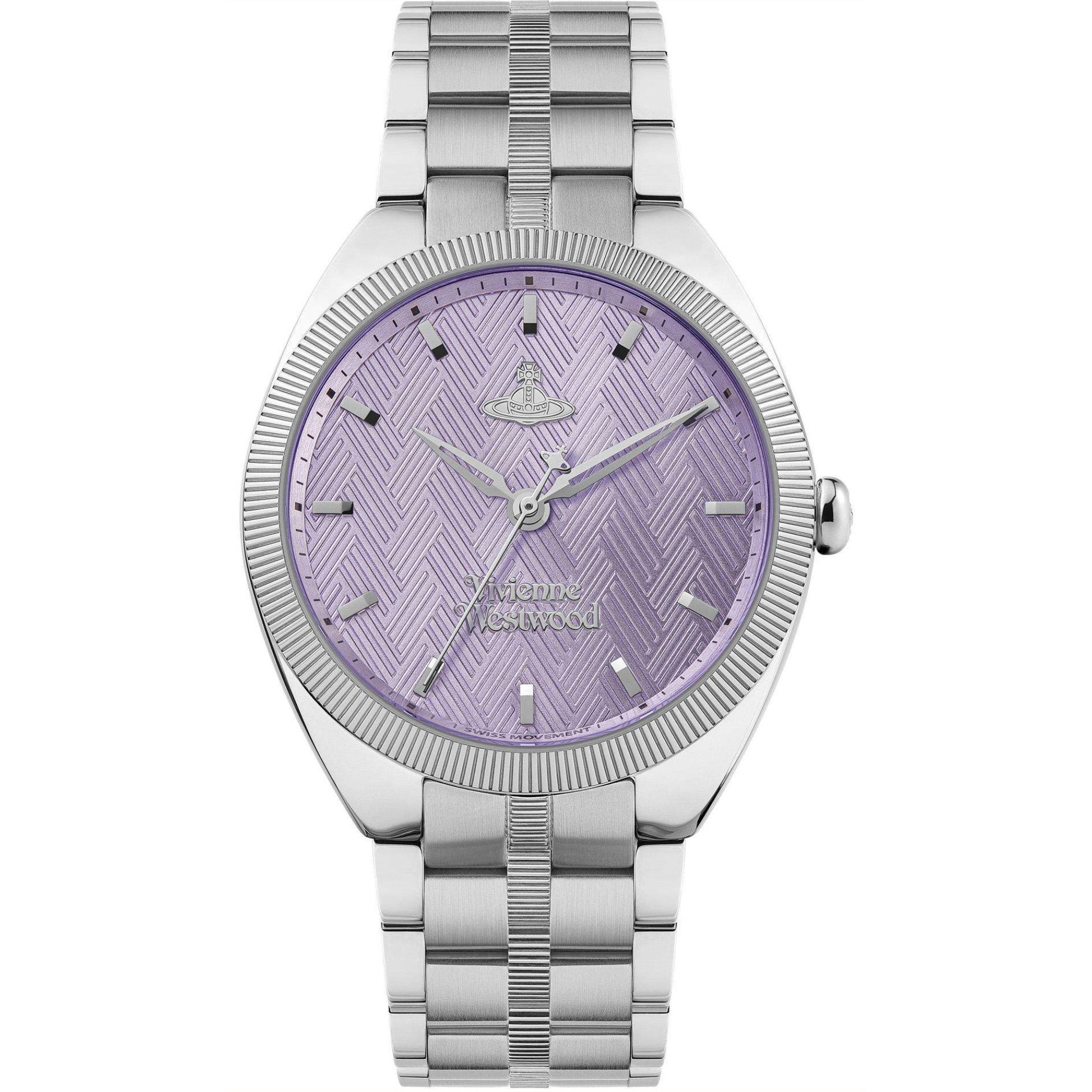 Vivienne Westwood Orb Pop 32mm watch with purple dial and silver bracelet front view