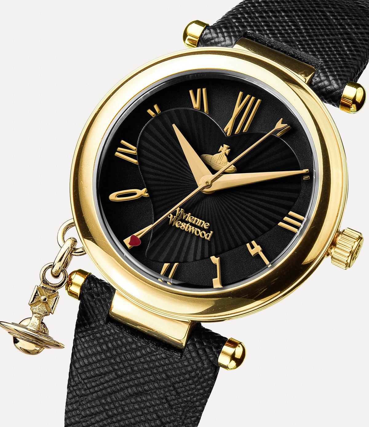 Vivienne Westwood Orb watch angled view showing gold case, black sunray dial, and orb pendant