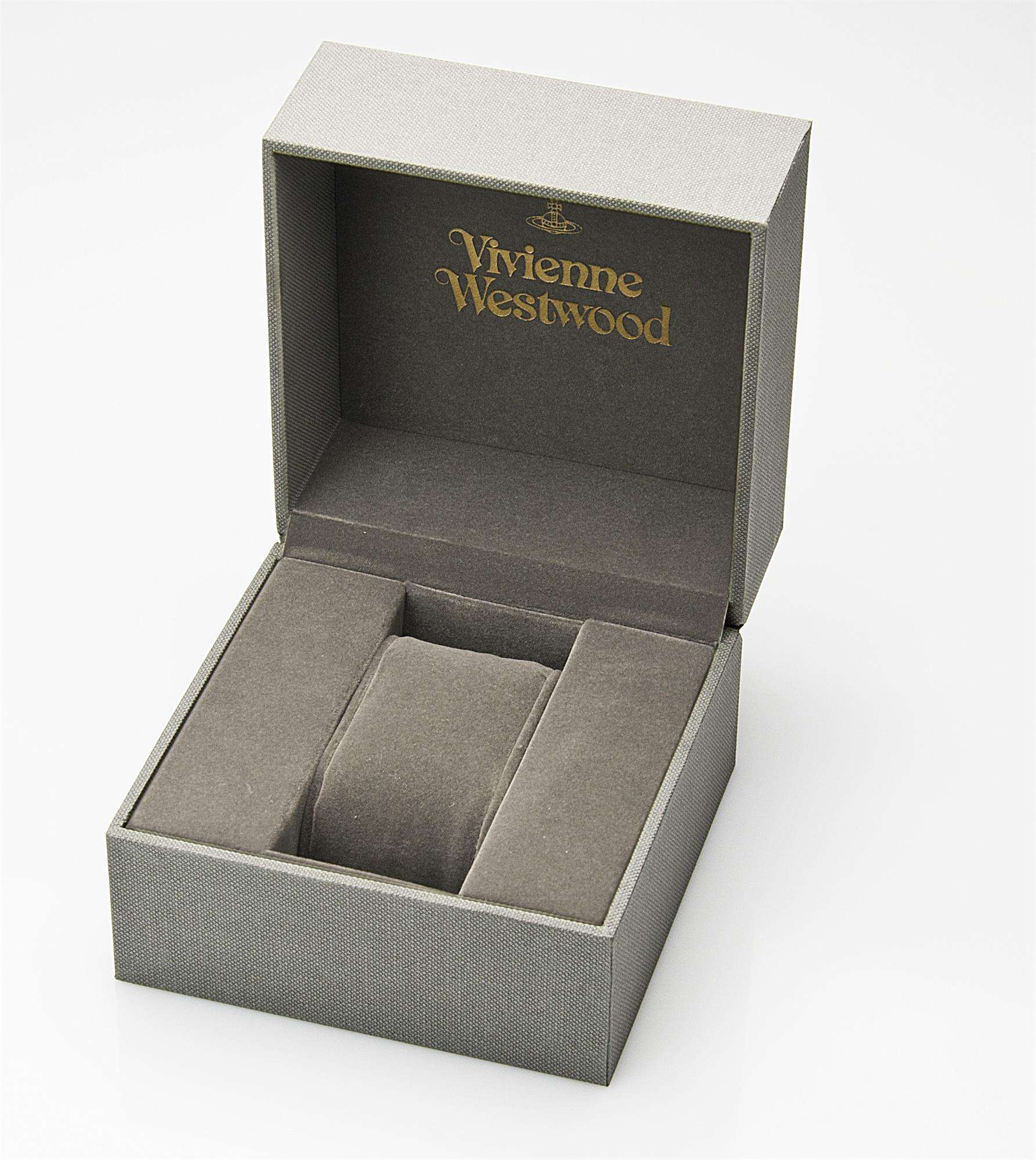 Vivienne Westwood branded gift box with silver-grey interior and compartments