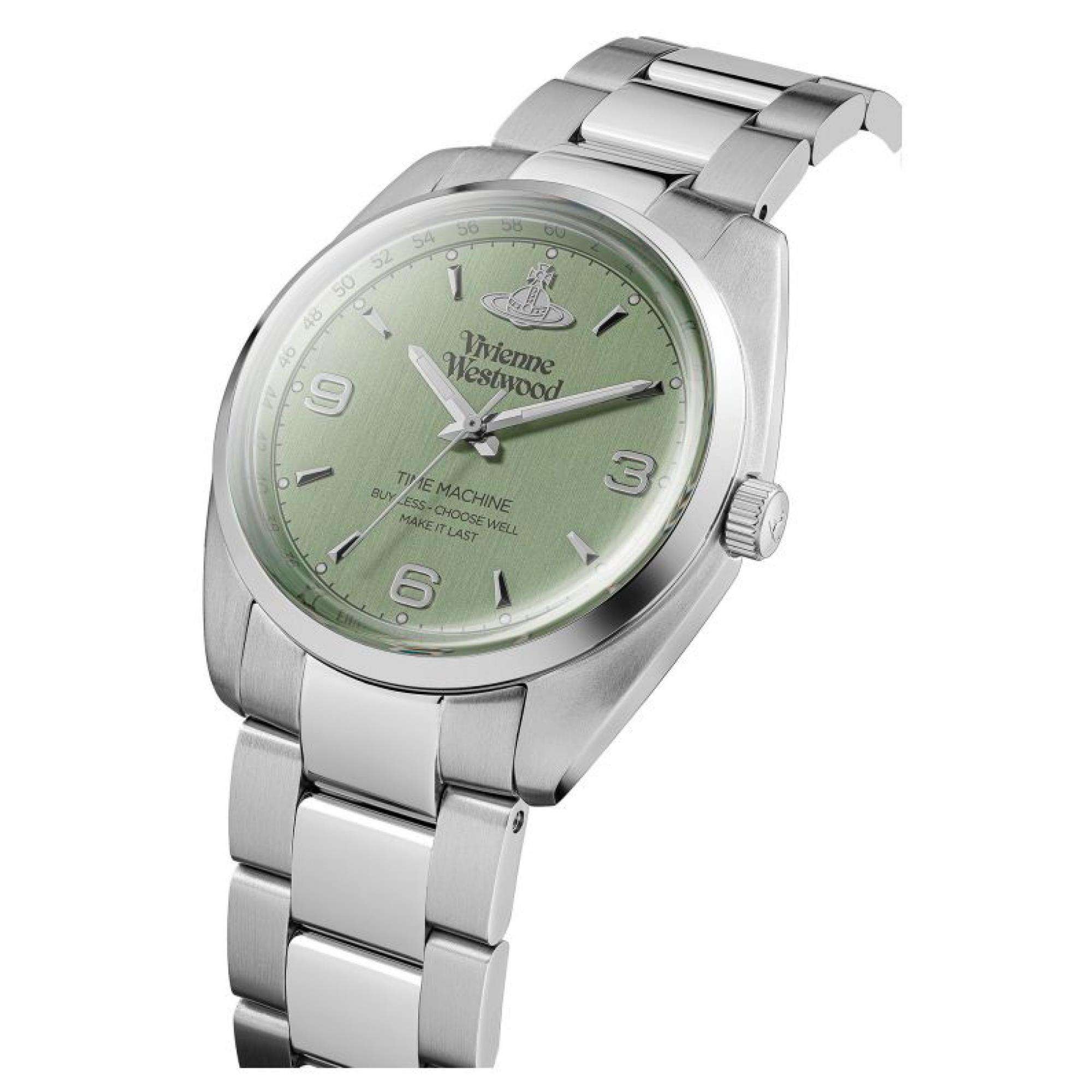 Vivienne Westwood Pennington watch side angle showing steel bracelet and green dial