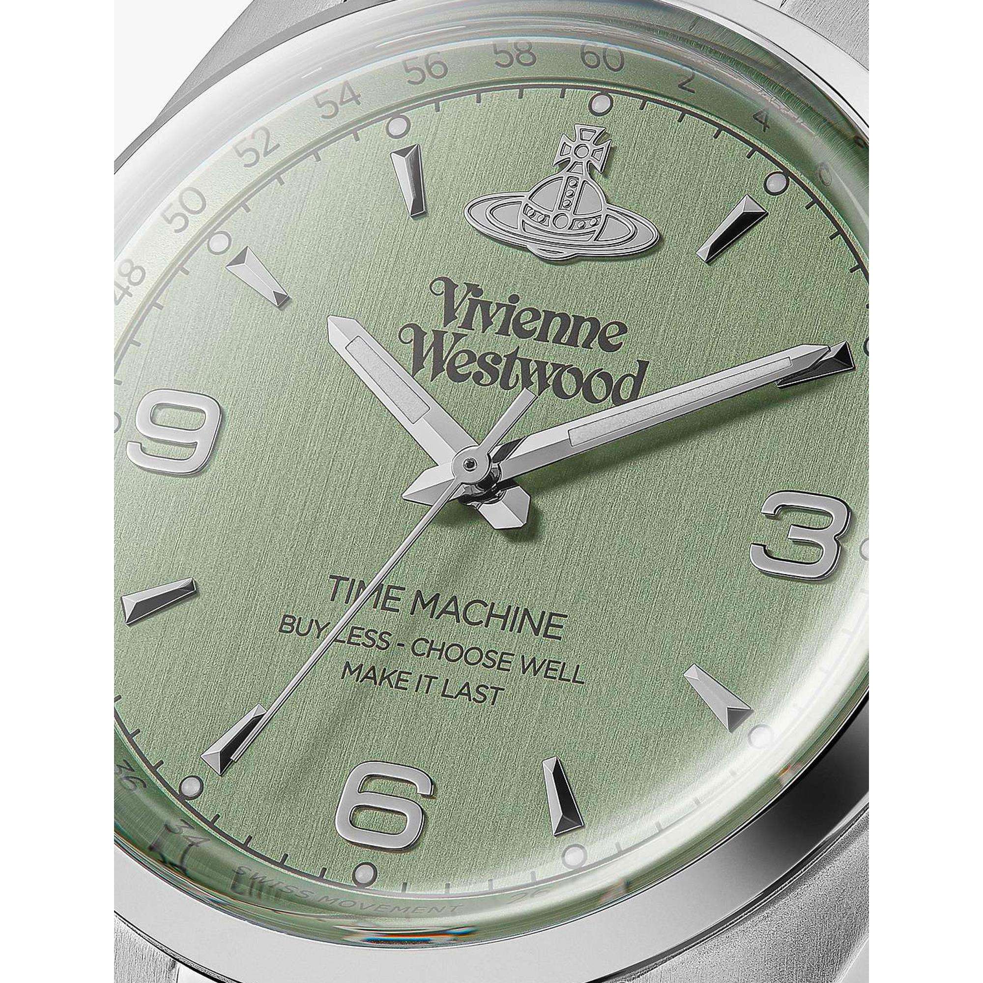 Close-up of Vivienne Westwood Pennington green dial with Time Machine text and logo