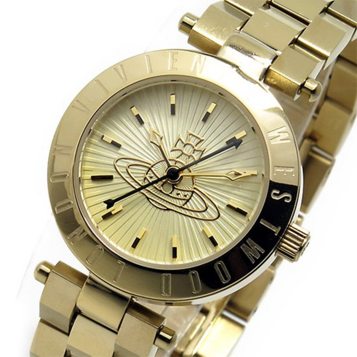 Angled view of Vivienne Westwood Sudbury watch showing gold dial and bezel detail