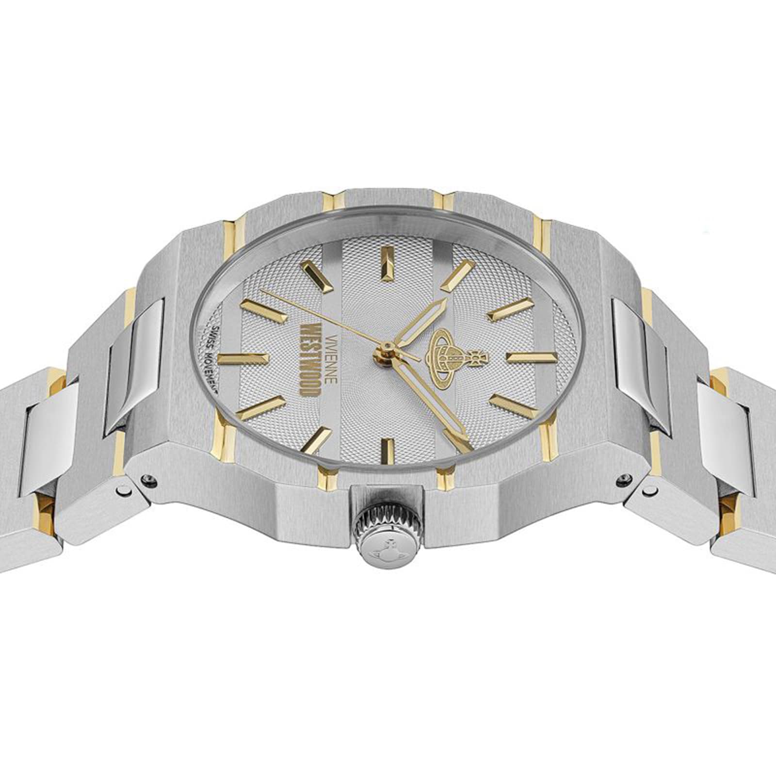 Angled view of The Bank watch showing two-tone steel case and bracelet design