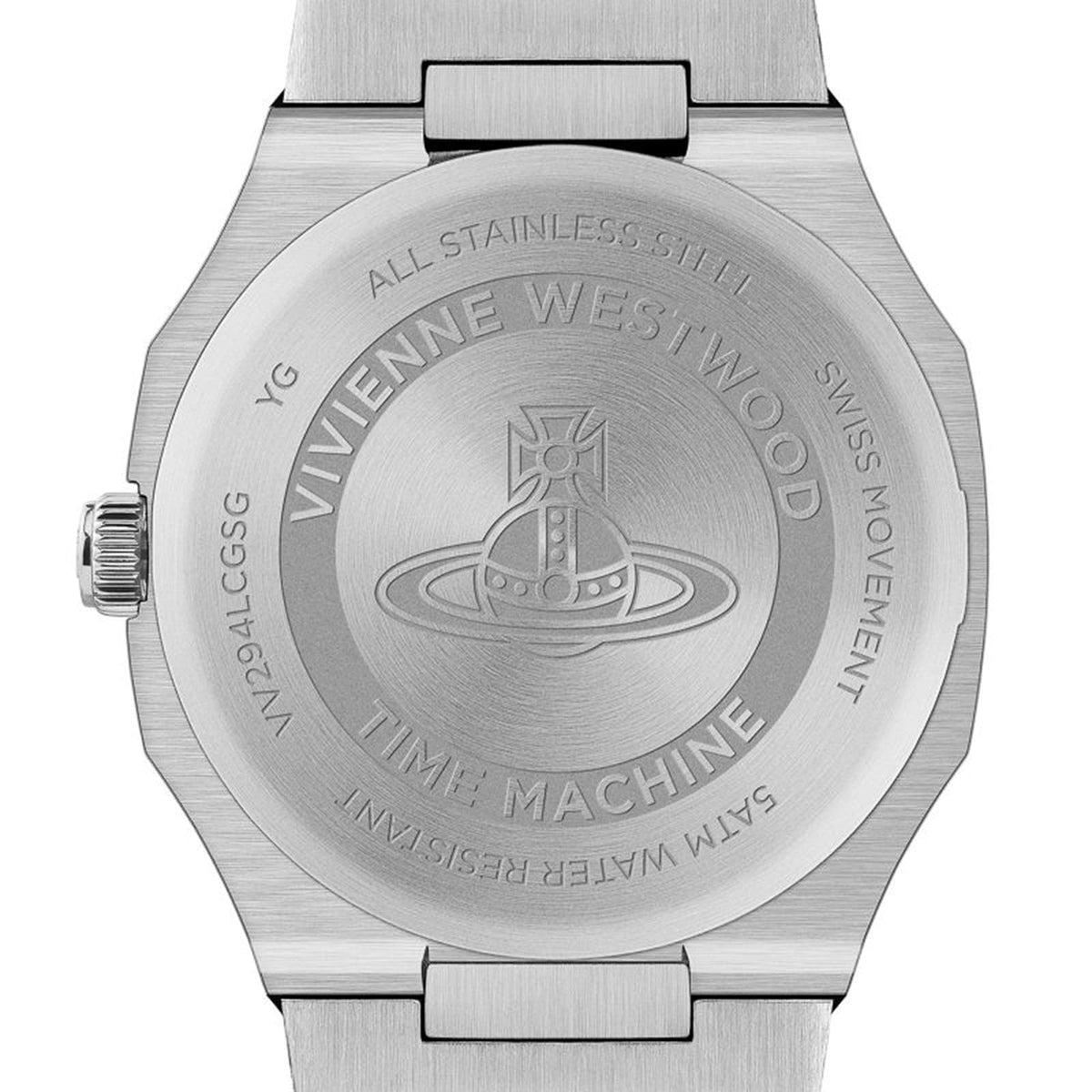 Caseback engraved with Vivienne Westwood branding and Time Machine text, all stainless steel