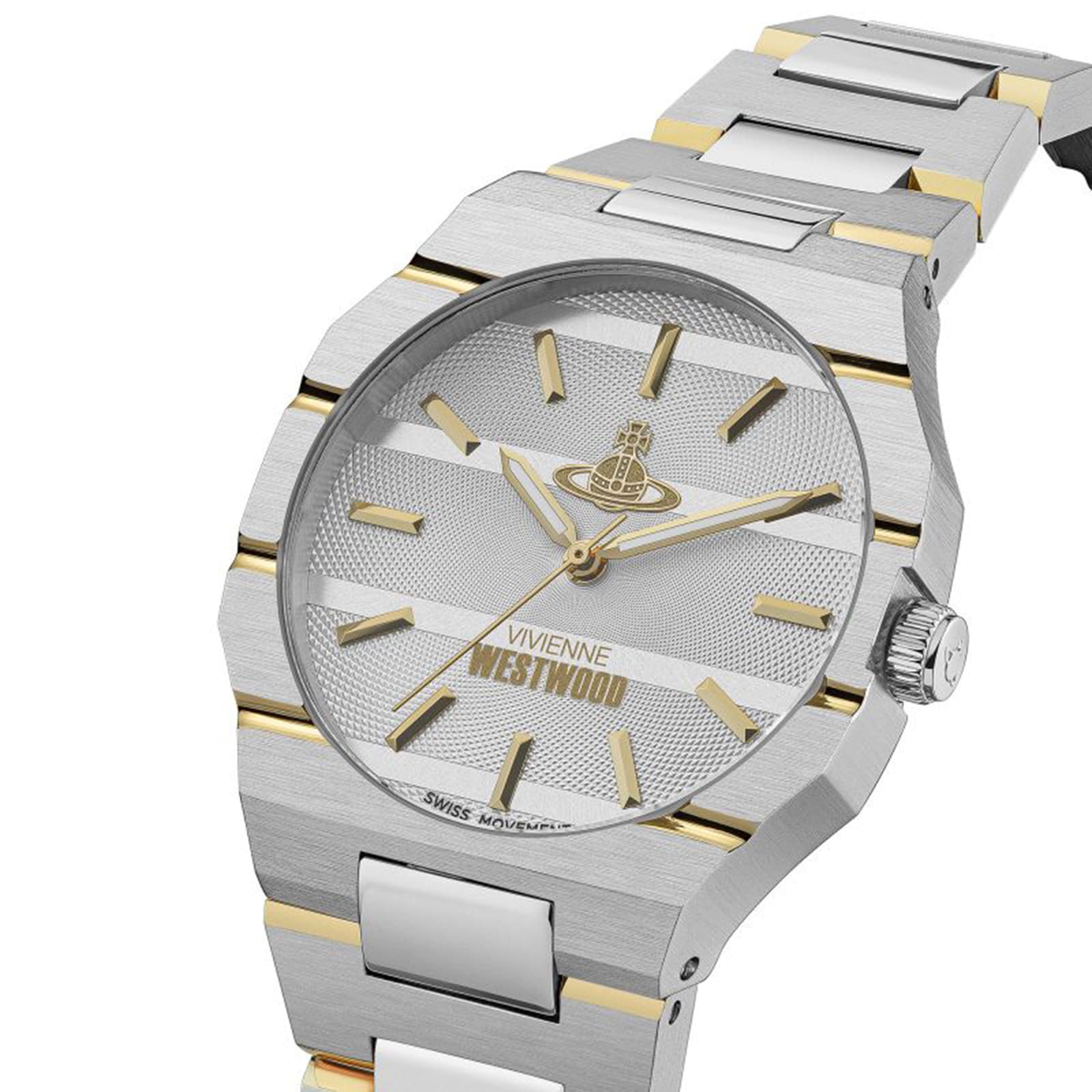 Side view of The Bank watch displaying two-tone stainless steel case and bracelet