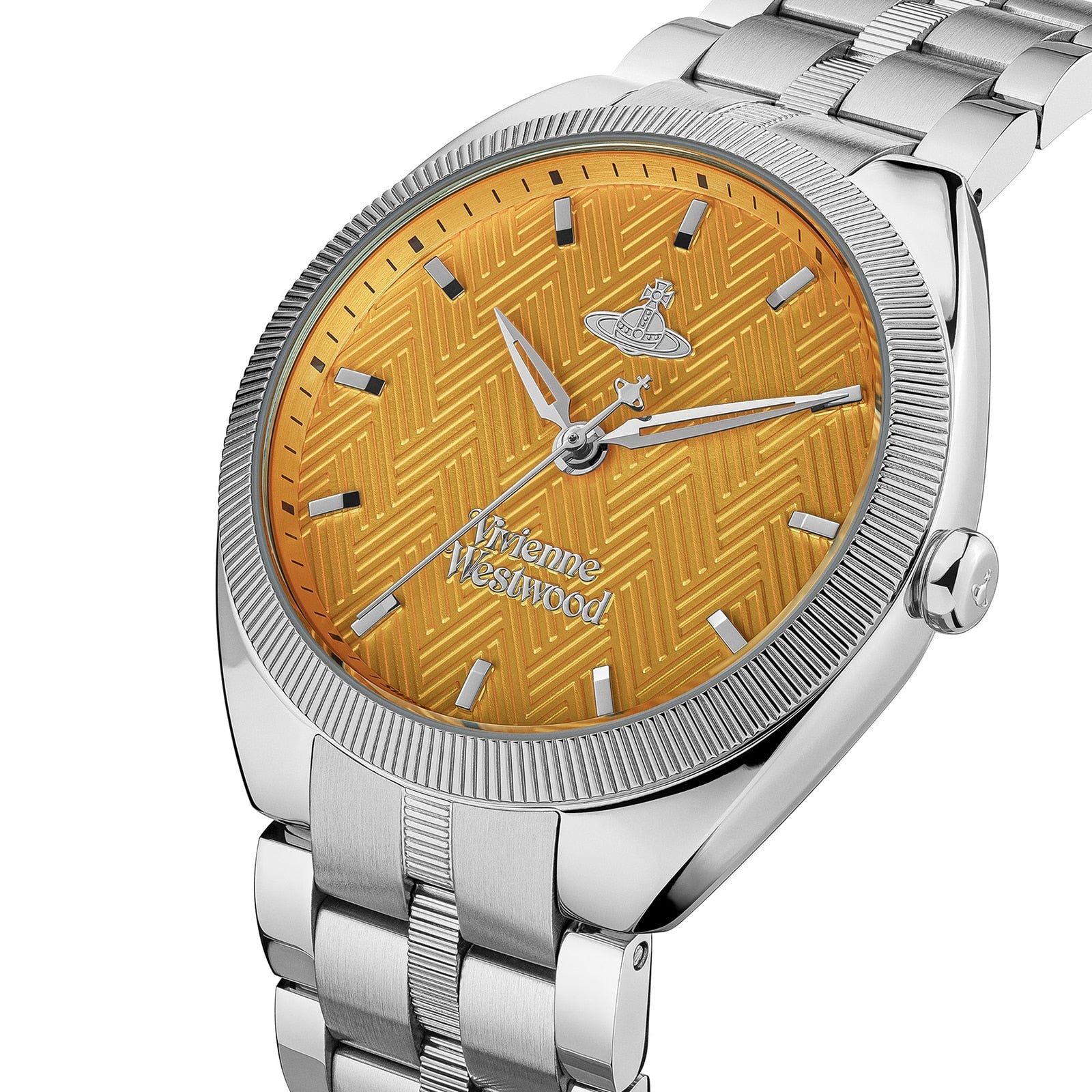 The Mews watch at angle showing golden chevron dial and silver bracelet