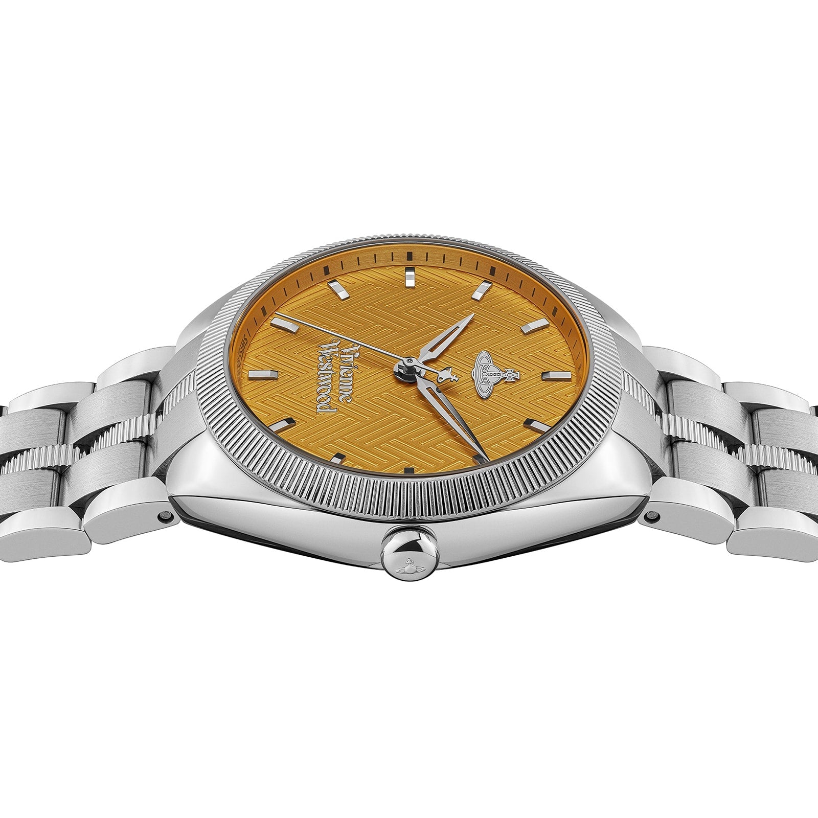 The Mews watch on wrist showing full case, dial, and silver bracelet