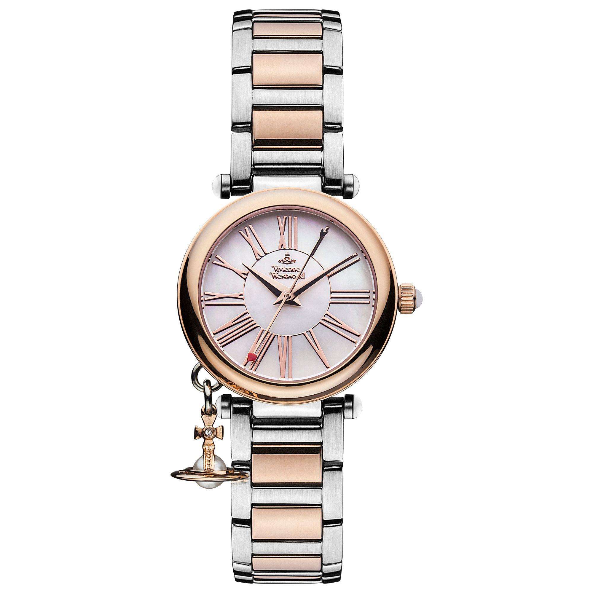 Vivienne Westwood Mother Orb watch with two-tone stainless steel and rose gold case and bracelet, white dial with Roman numerals