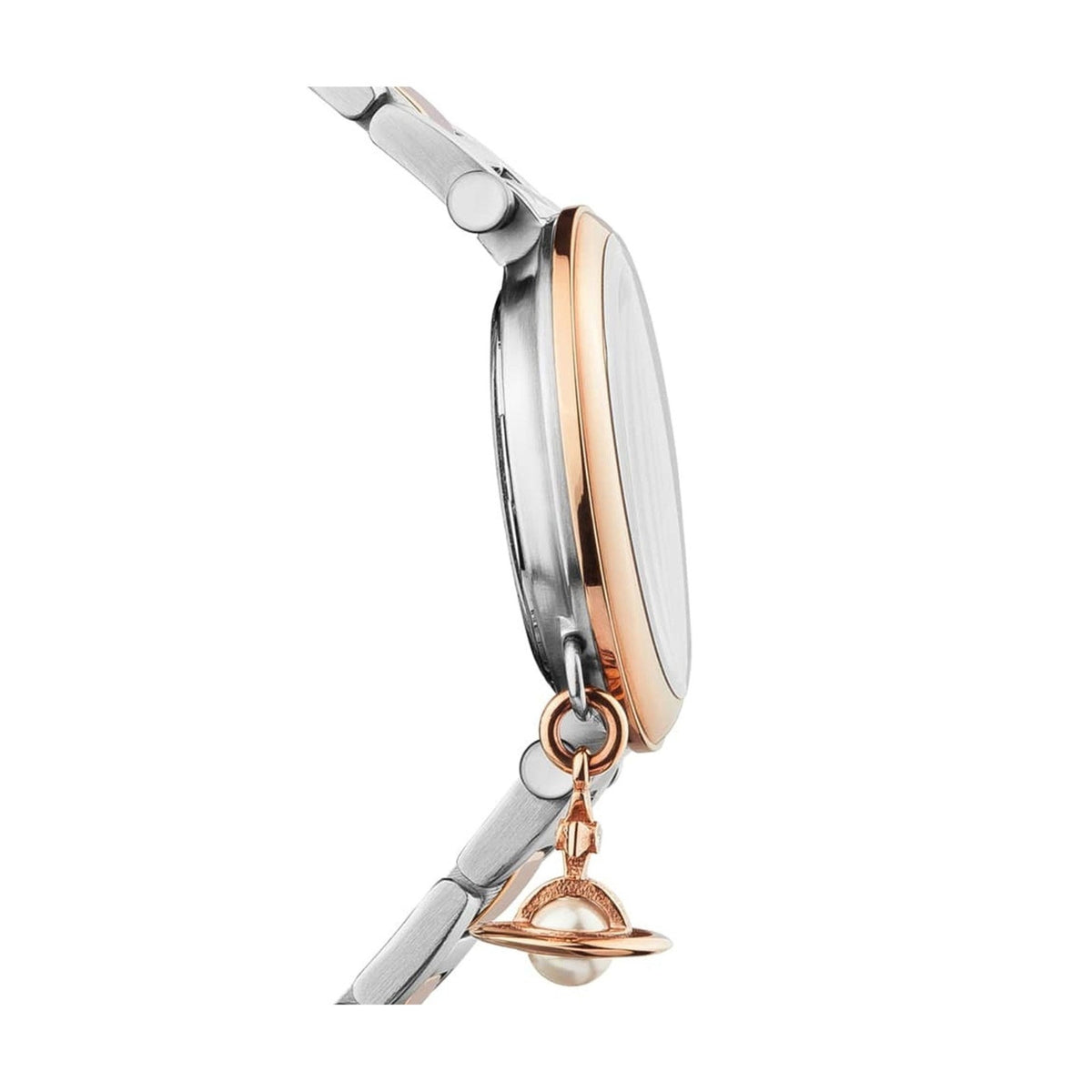 Side profile of Vivienne Westwood Mother Orb watch showing case thickness and hanging orb charm detail