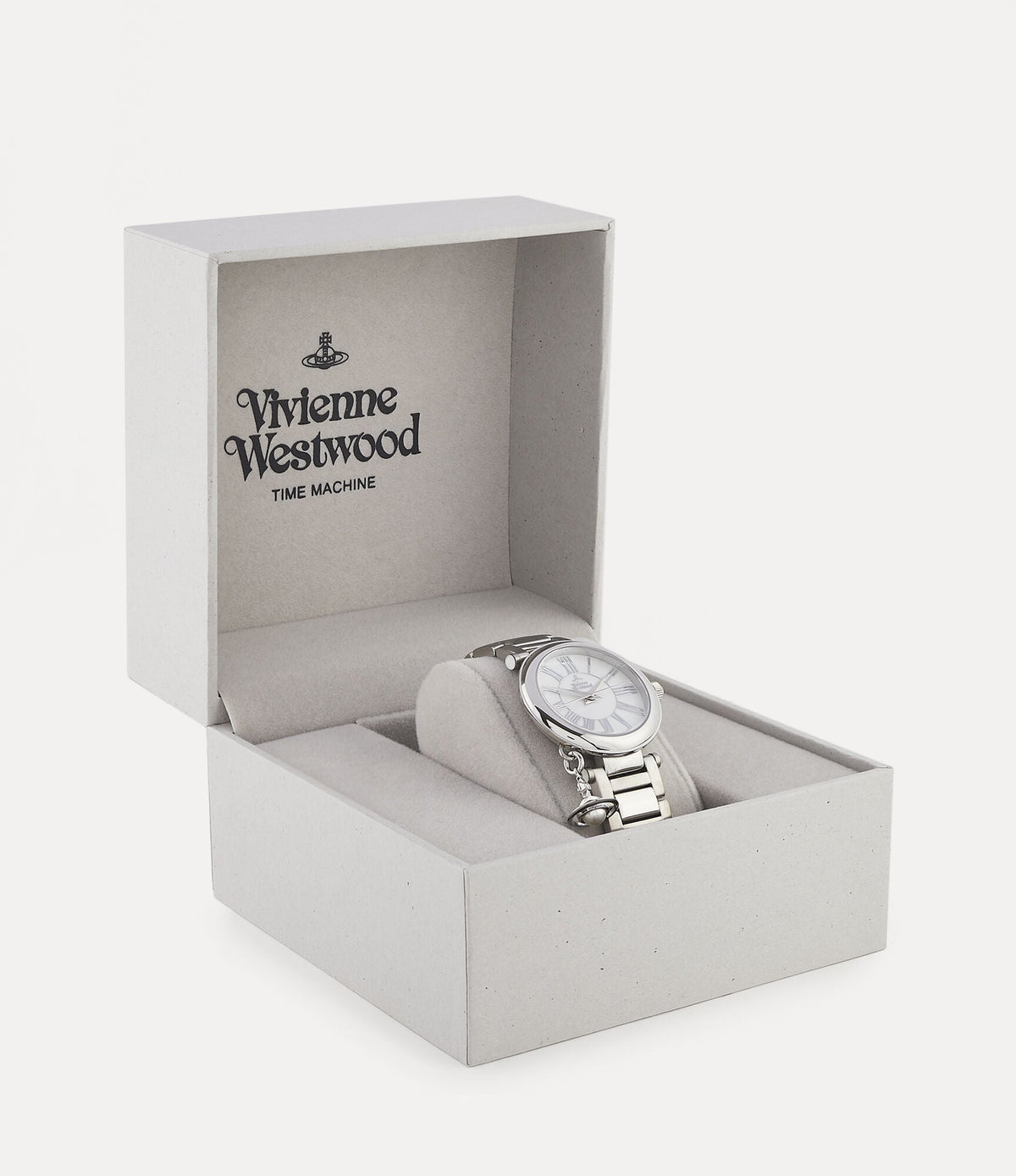 Vivienne Westwood Mother Orb watch in white presentation box with tissue