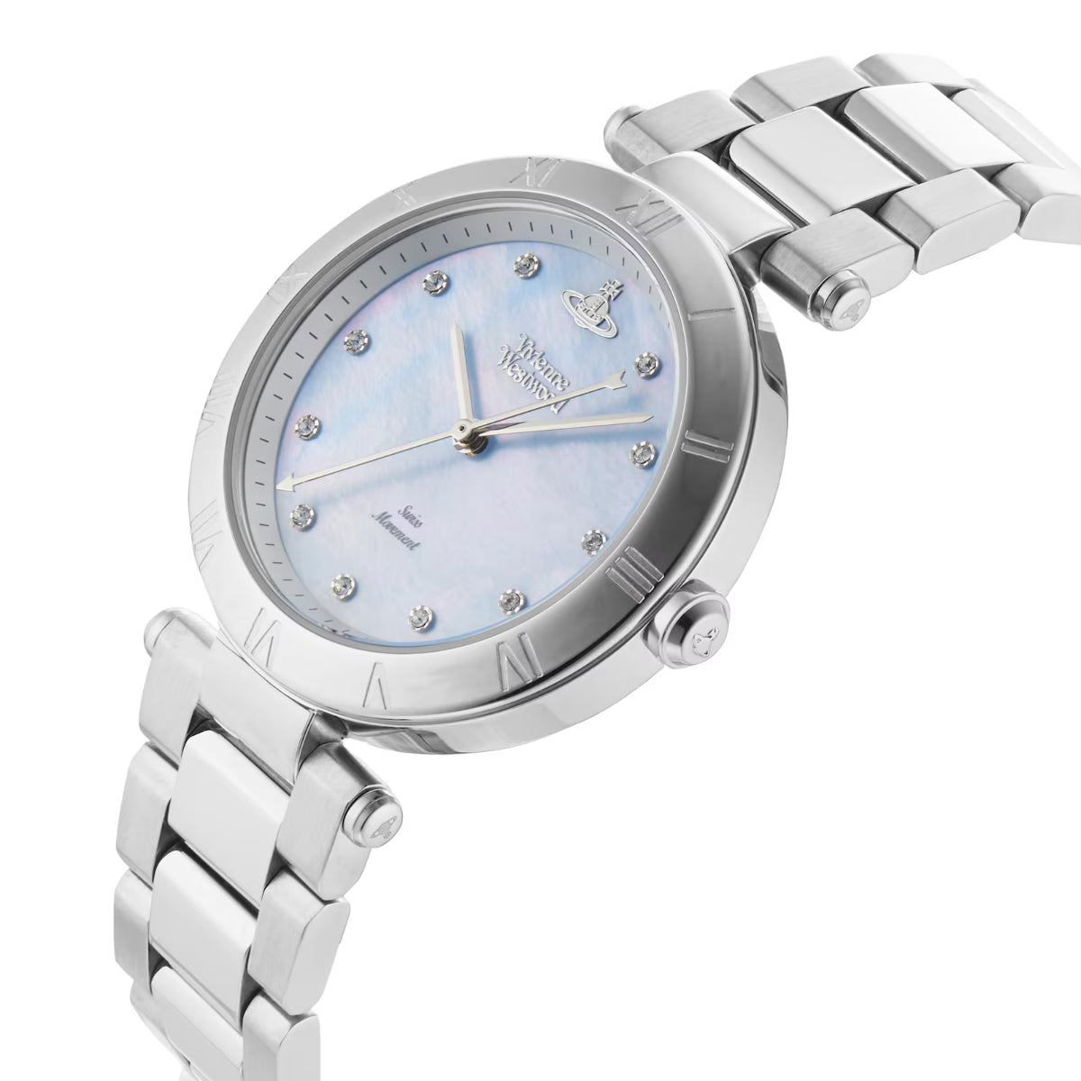 Vivienne Westwood Montagu watch from side angle with silver bracelet strap visible