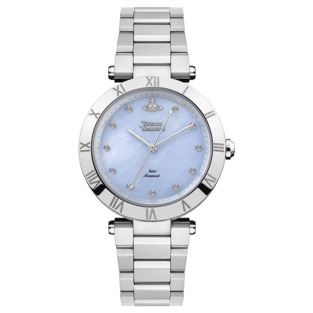 Vivienne Westwood Montagu women's watch with light blue dial and silver bracelet strap