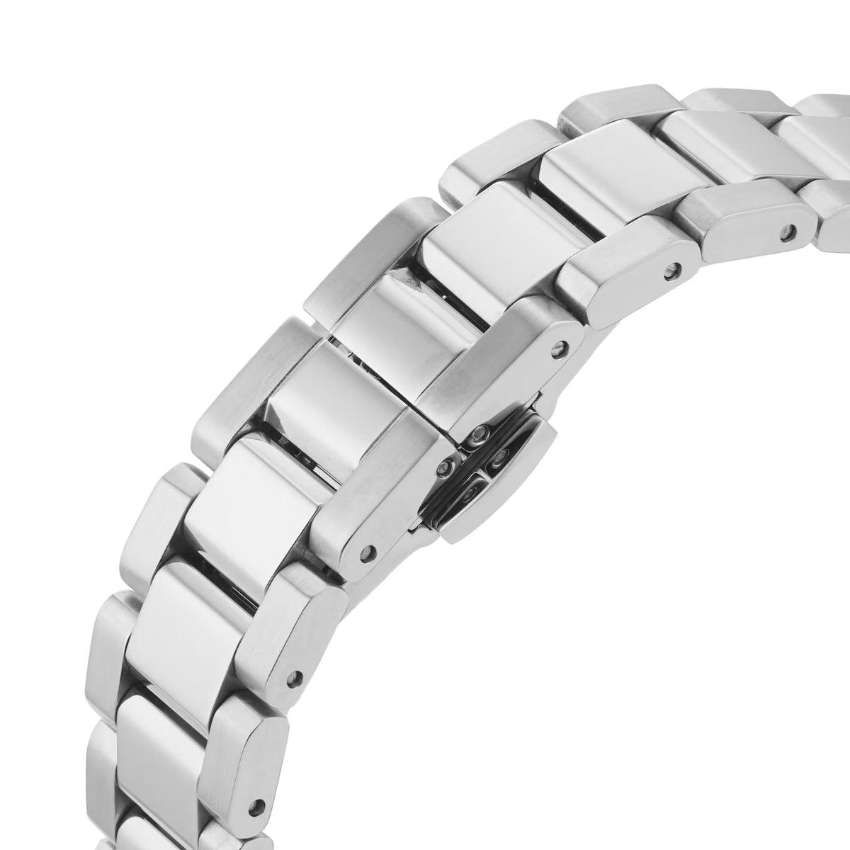 Close-up of Vivienne Westwood Montagu silver bracelet strap links and clasp