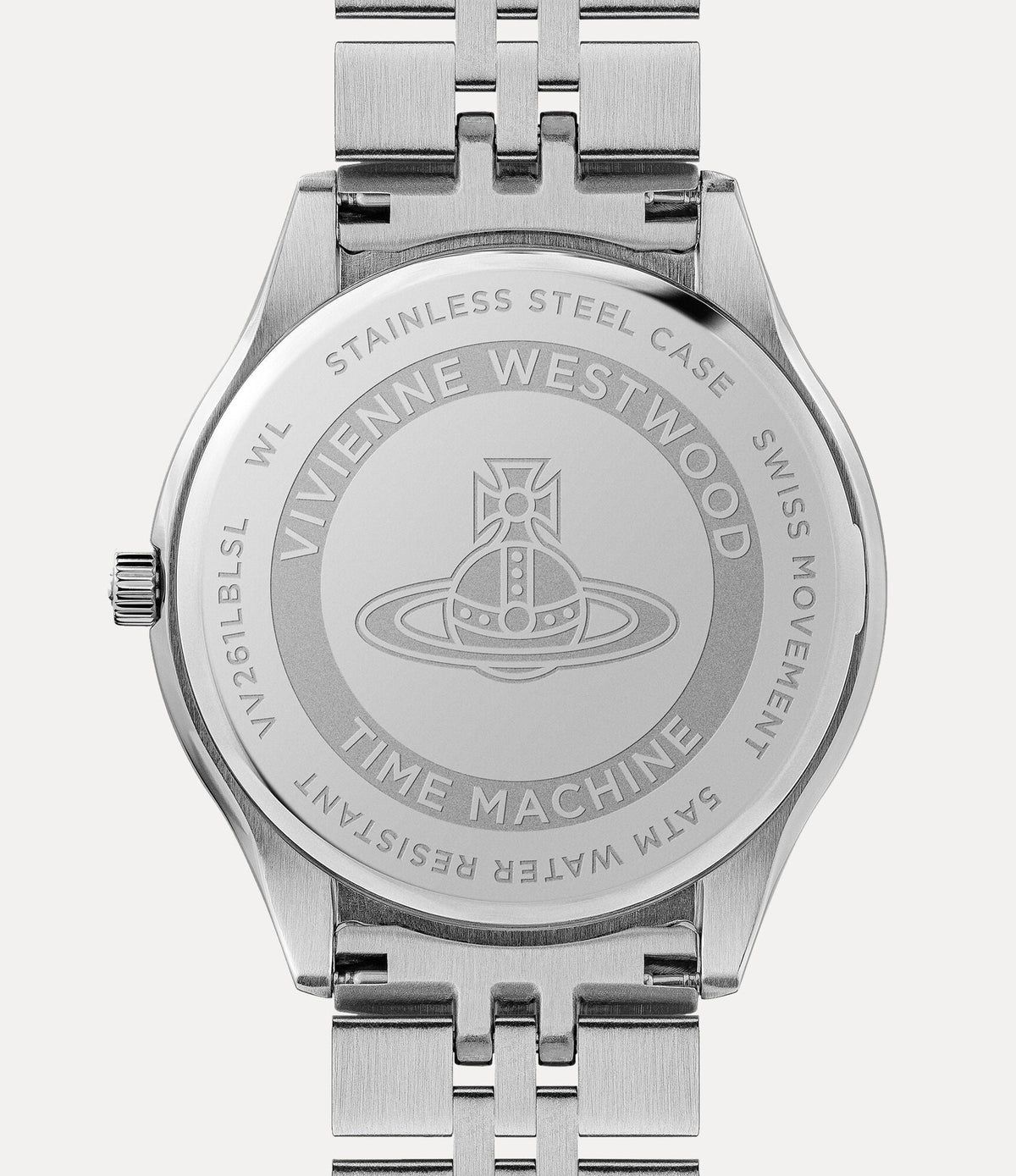 Vivienne Westwood Bloomsbury stainless steel case back engraved with brand name and time machine text